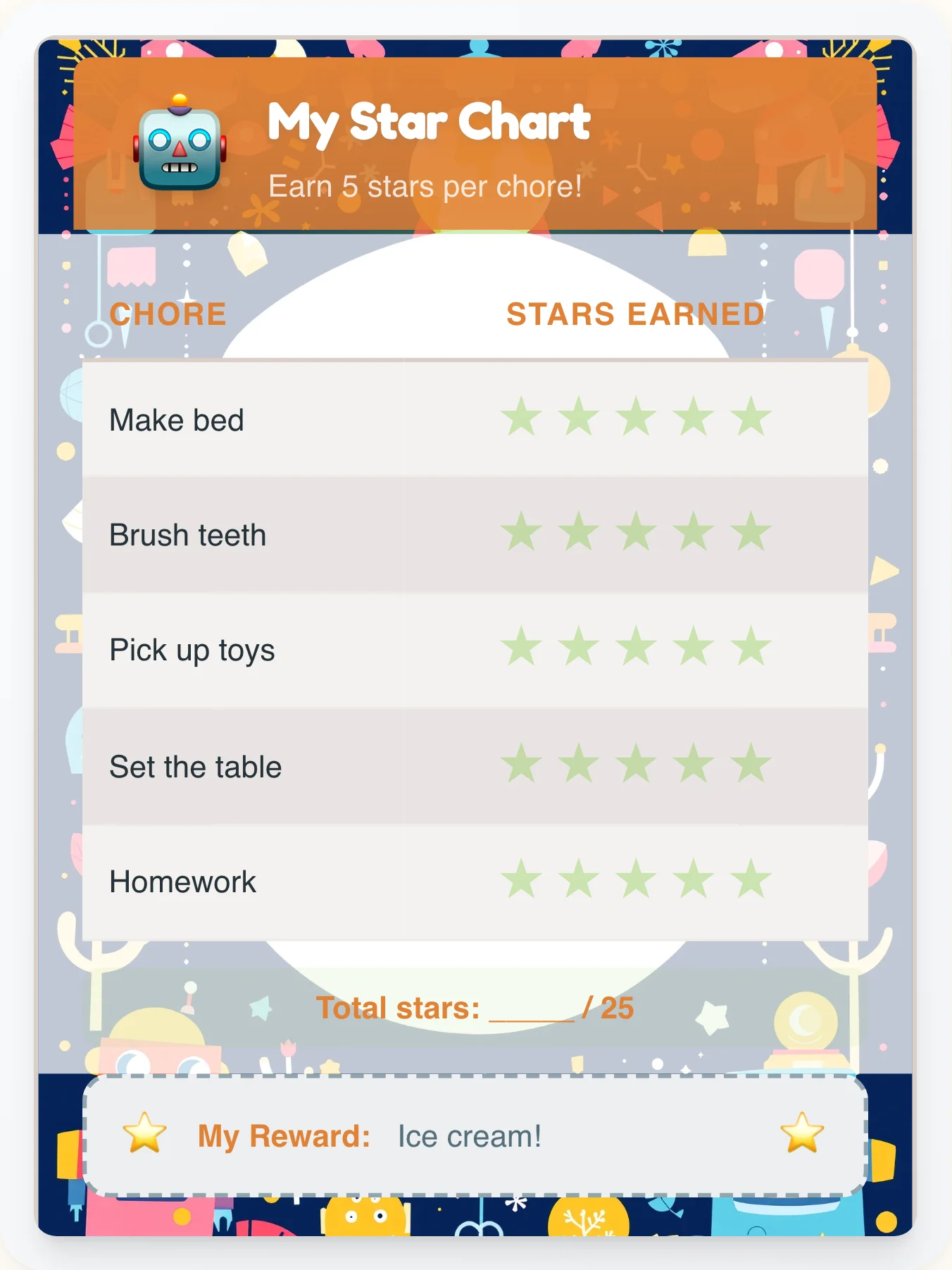 Fresh Robot Star Rewards - printable robot chore chart