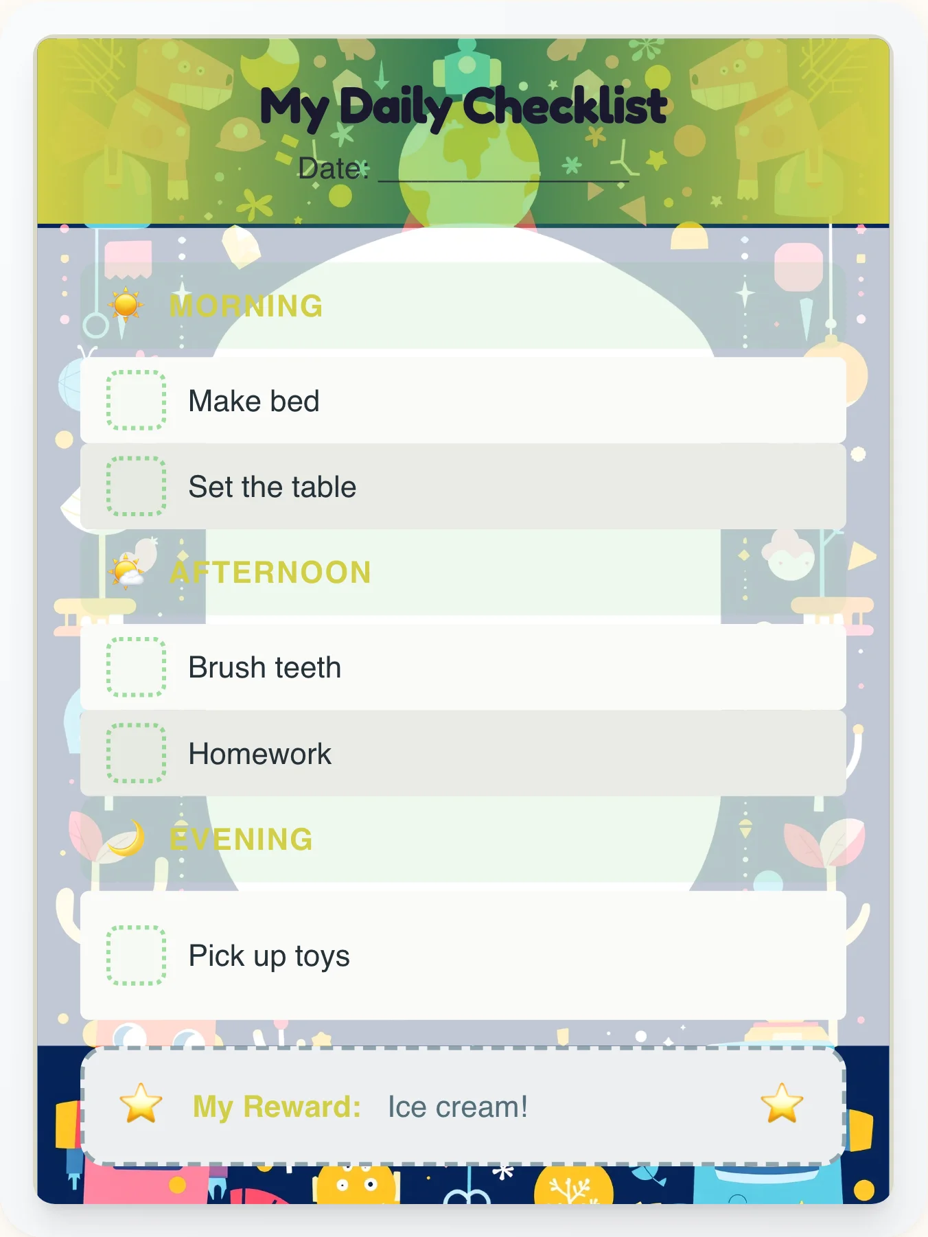 Lively Robot Day Tracker - printable robot chore chart