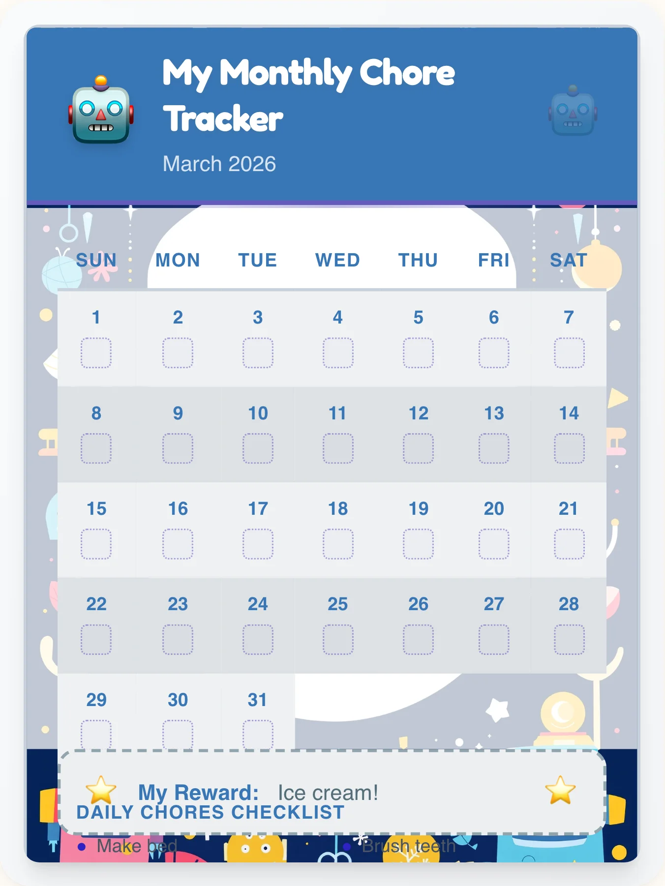 Kind Robot Monthly Planner - printable robot chore chart