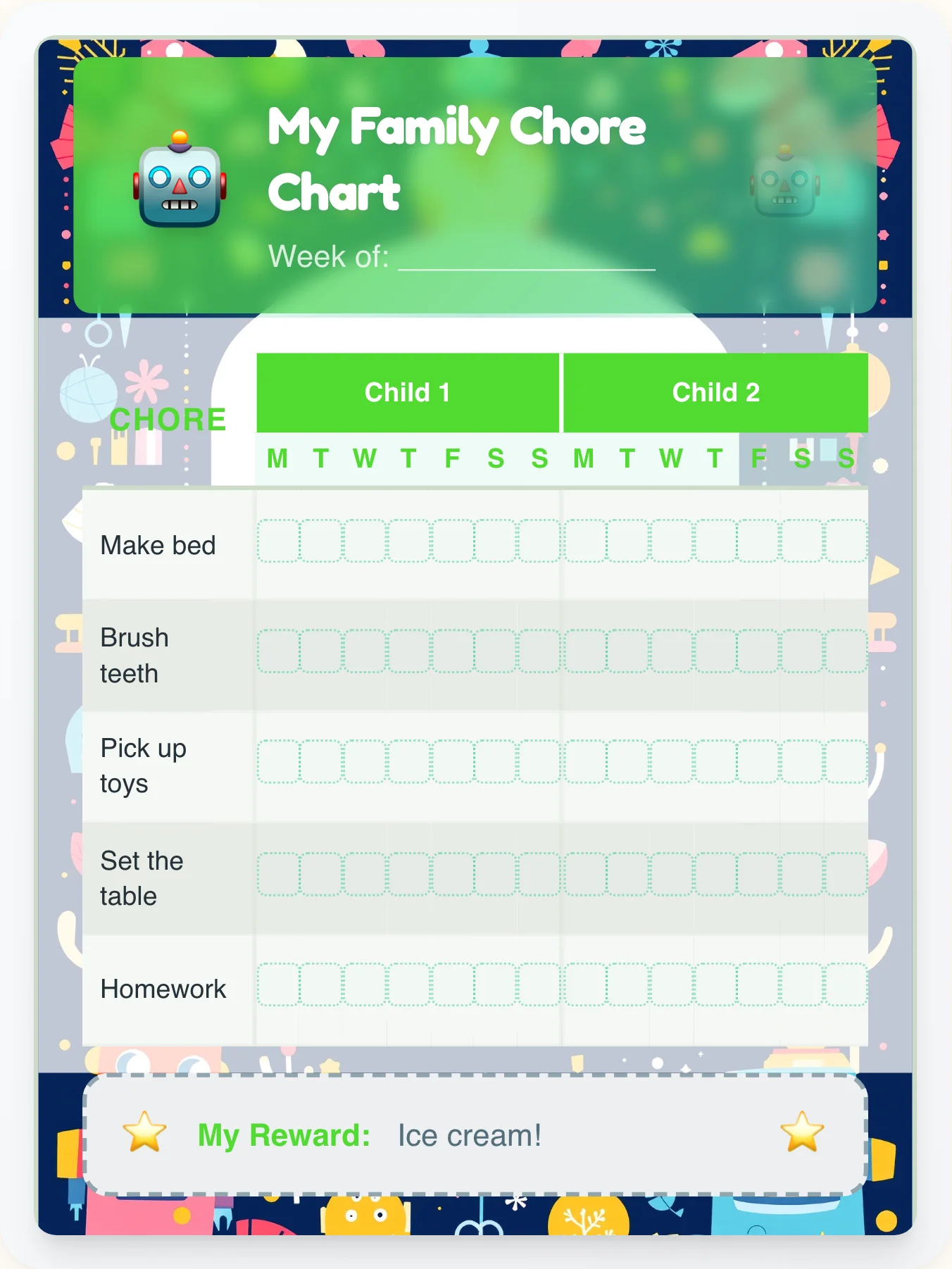 Sunny Robot Team Chart - printable robot chore chart
