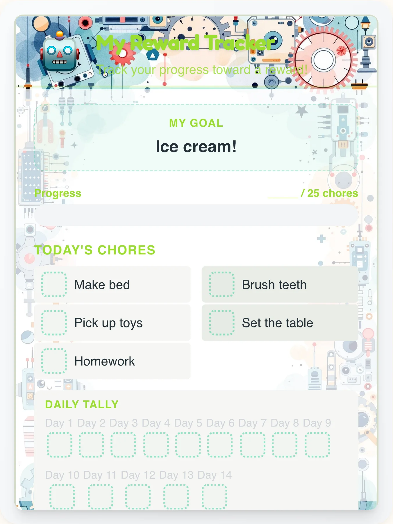 Playful Robot Achievement Board - printable robot chore chart