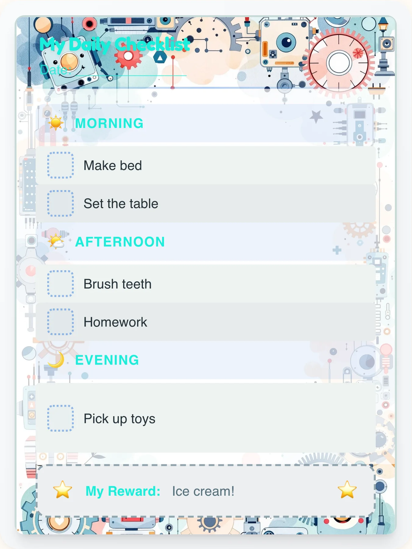 Funky Robot Daily Log - printable robot chore chart