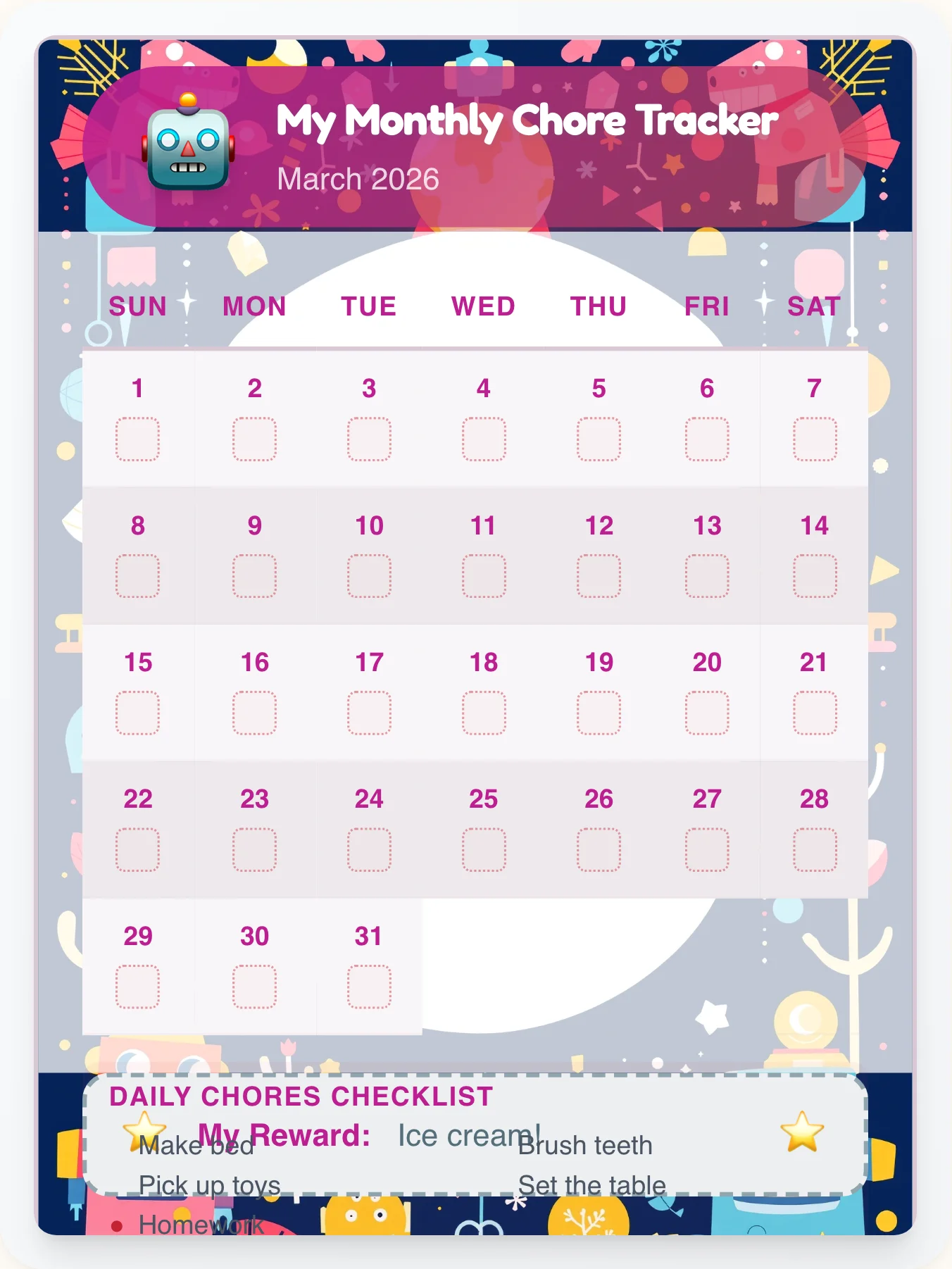 Bold Robot Calendar Board - printable robot chore chart