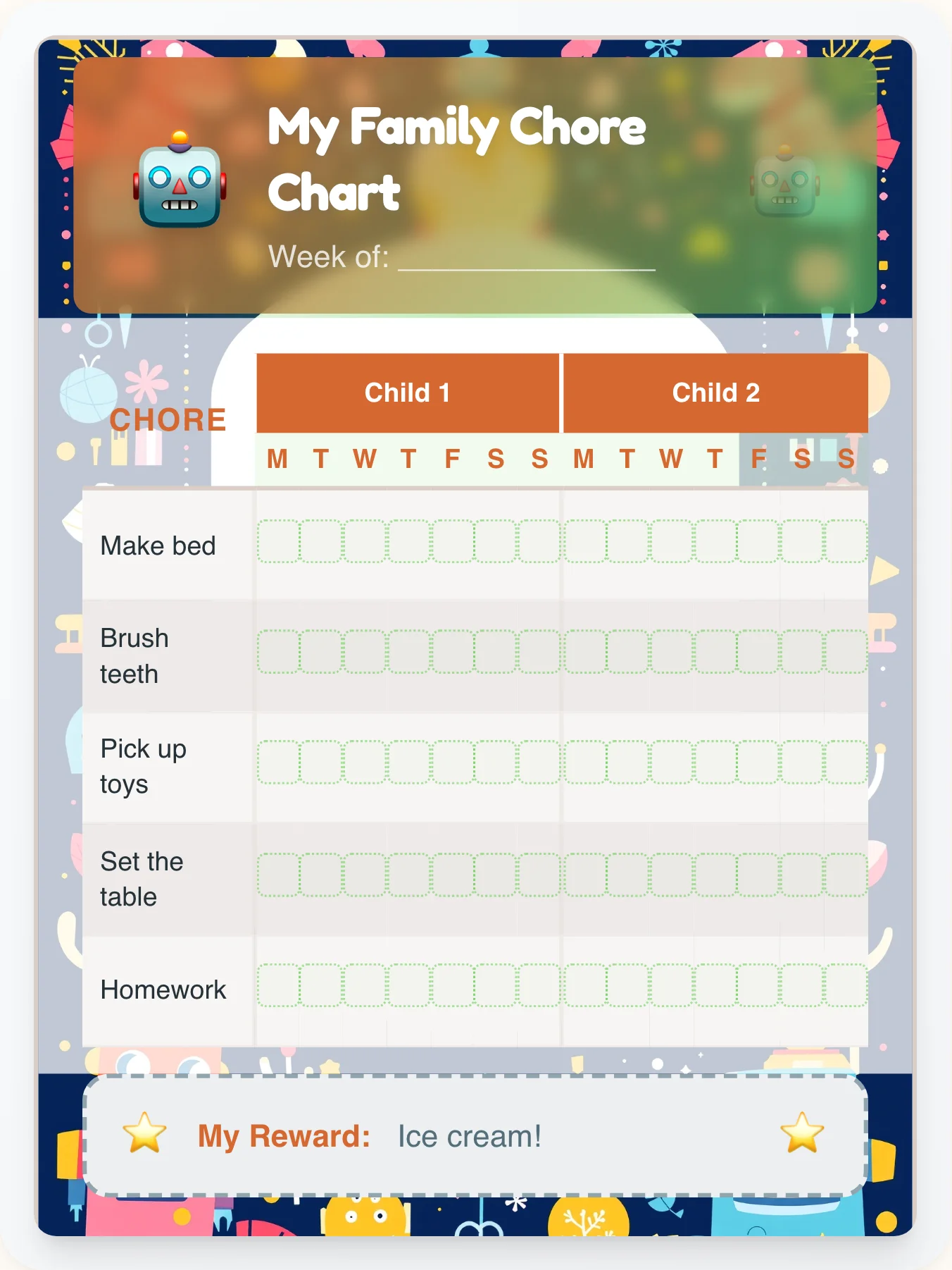 Dreamy Robot Team Chart - printable robot chore chart