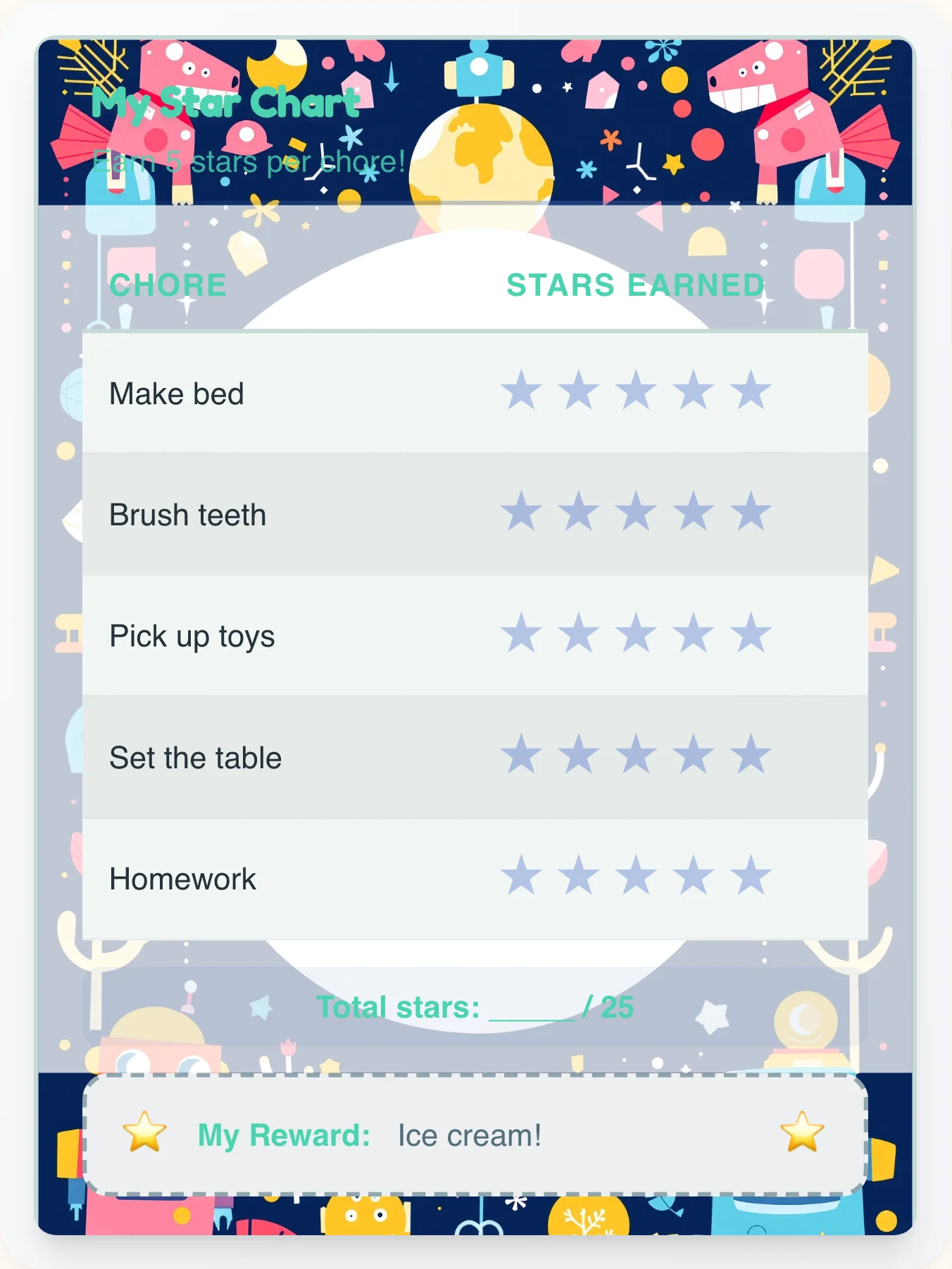Enchanted Robot Star Board - printable robot chore chart