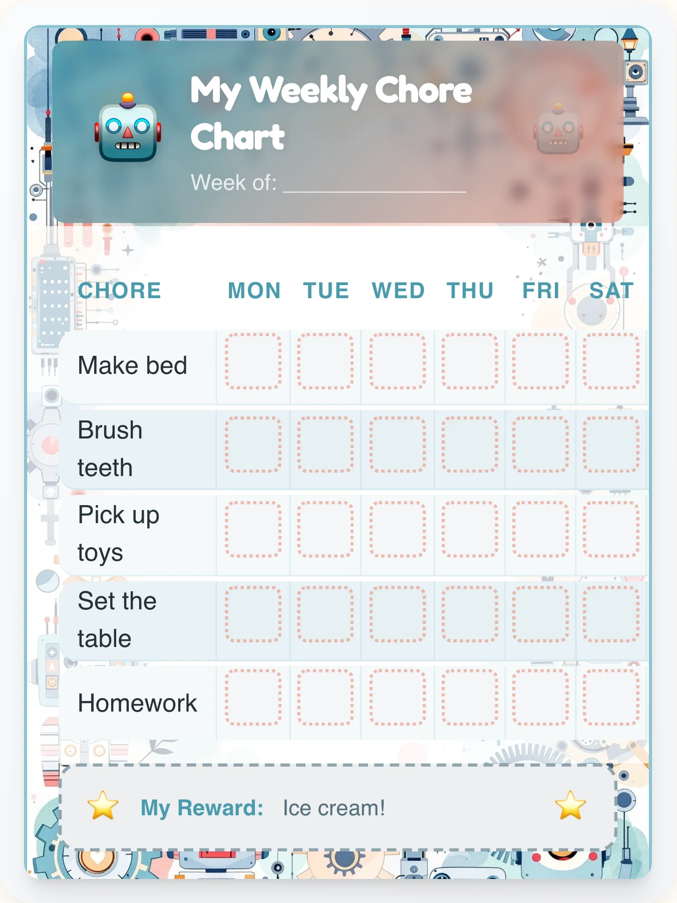 Aqua Bot Workshop Chore Chart - printable robot chore chart