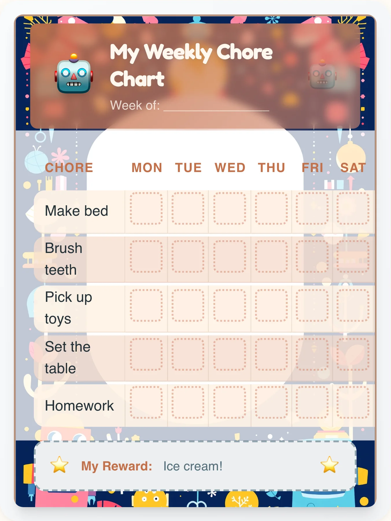 Sunset Bot Garden Chore Chart - printable robot chore chart