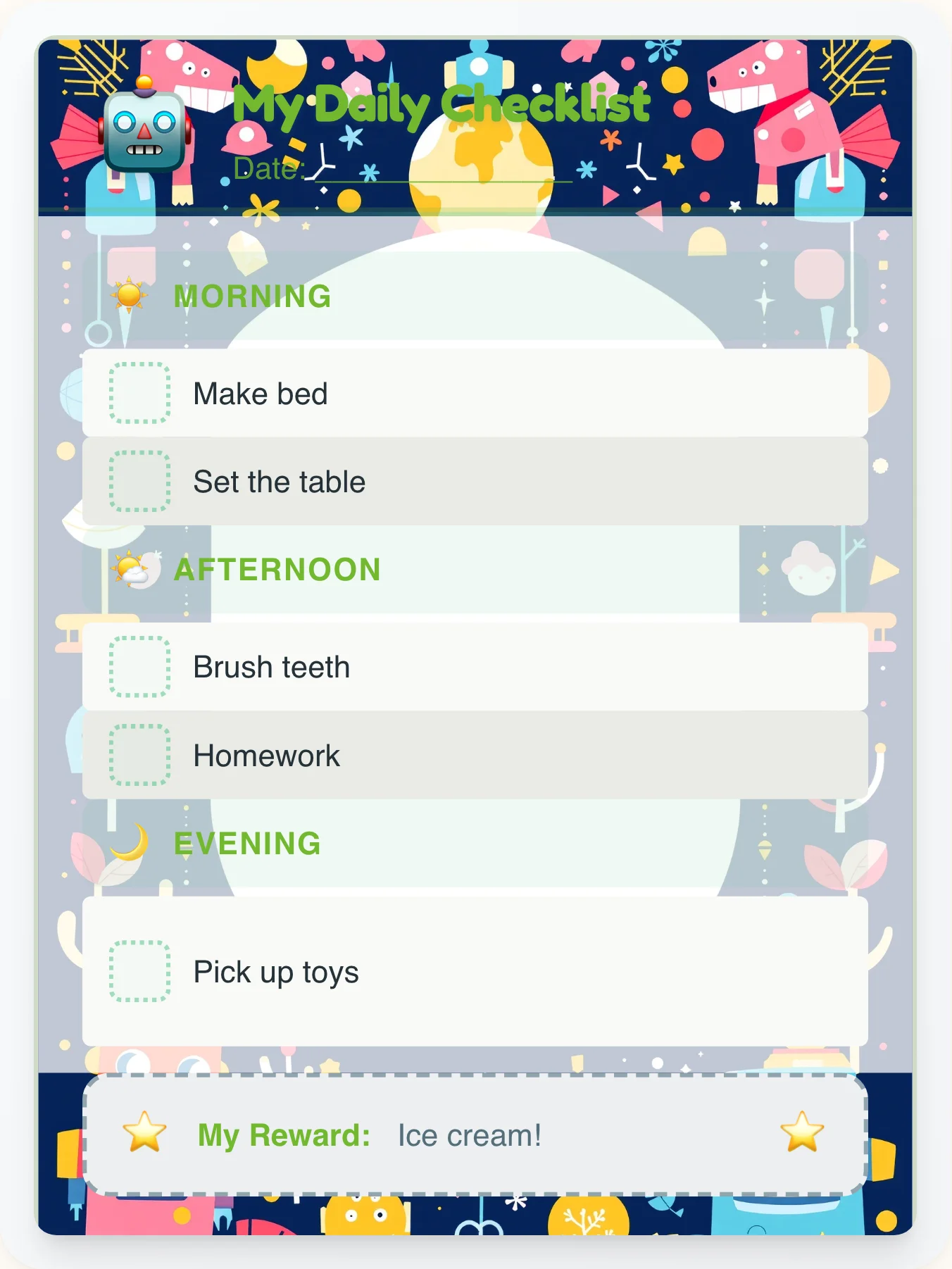Quiet Robot Daily Planner - printable robot chore chart