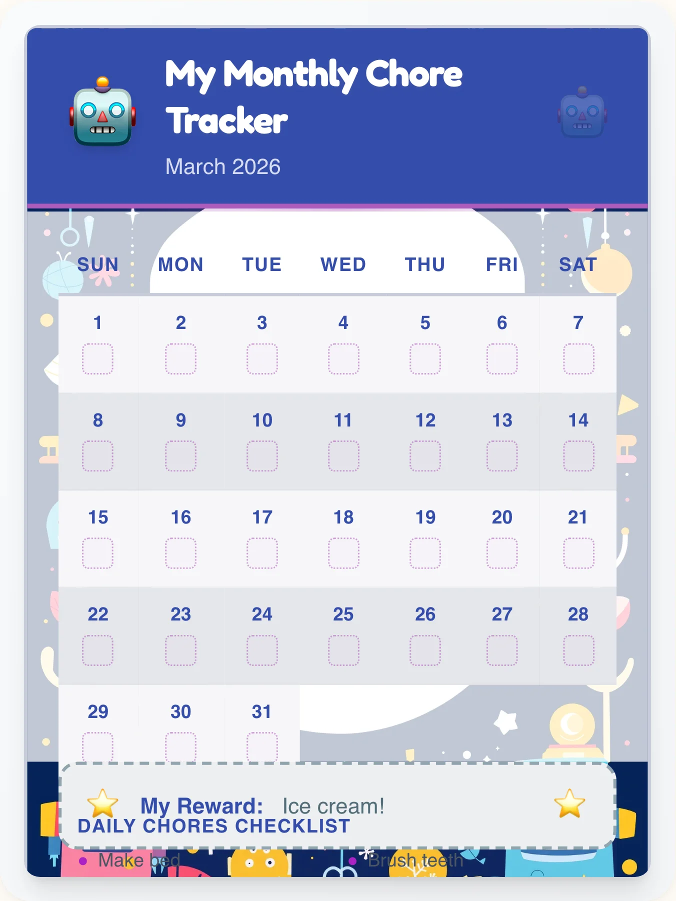 Mellow Robot Monthly Planner - printable robot chore chart