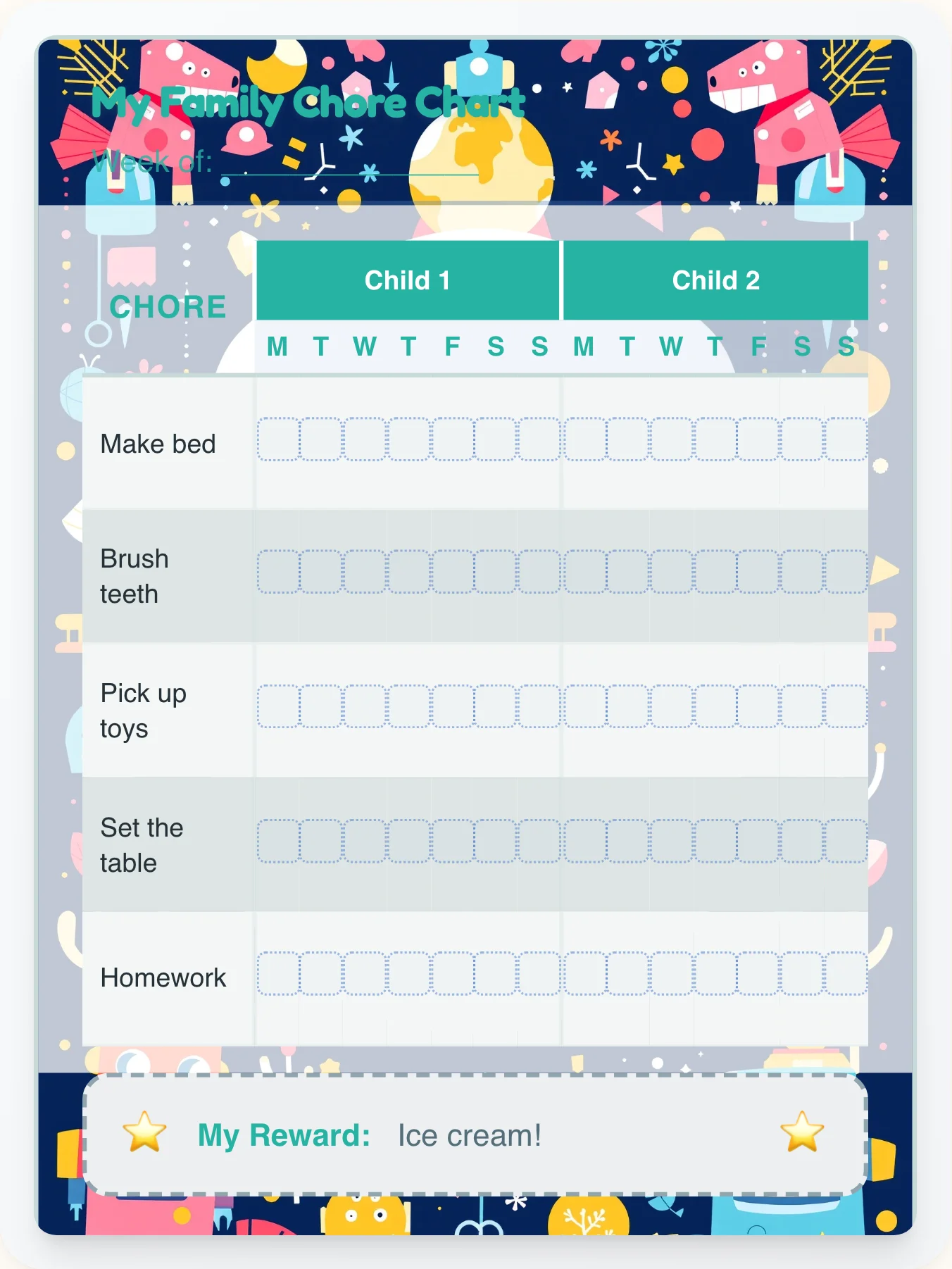 Funky Robot Multi-Kid Tracker - printable robot chore chart