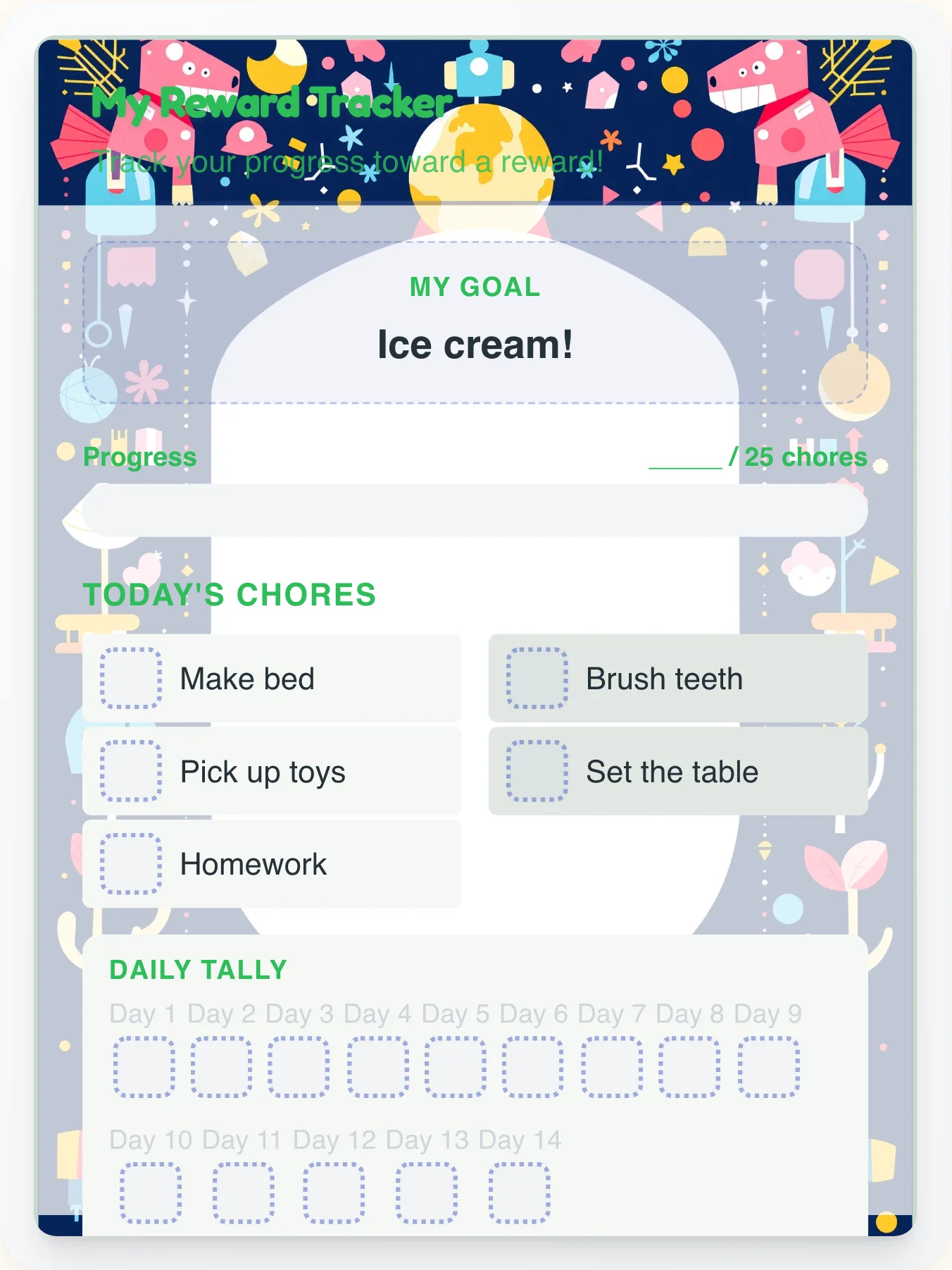 Zen Robot Points Tracker - printable robot chore chart
