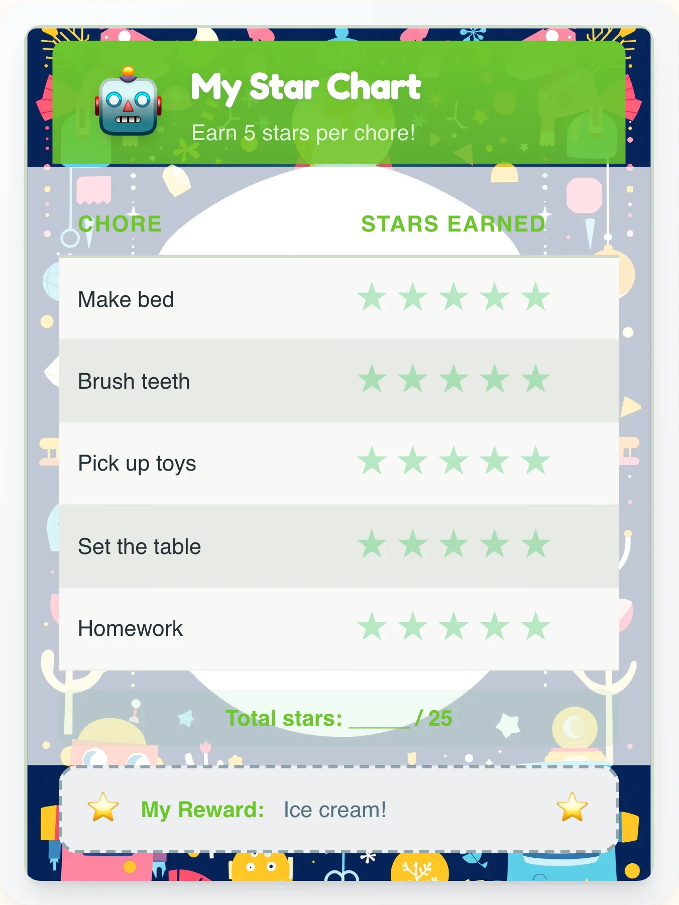 Quiet Robot Star Board - printable robot chore chart
