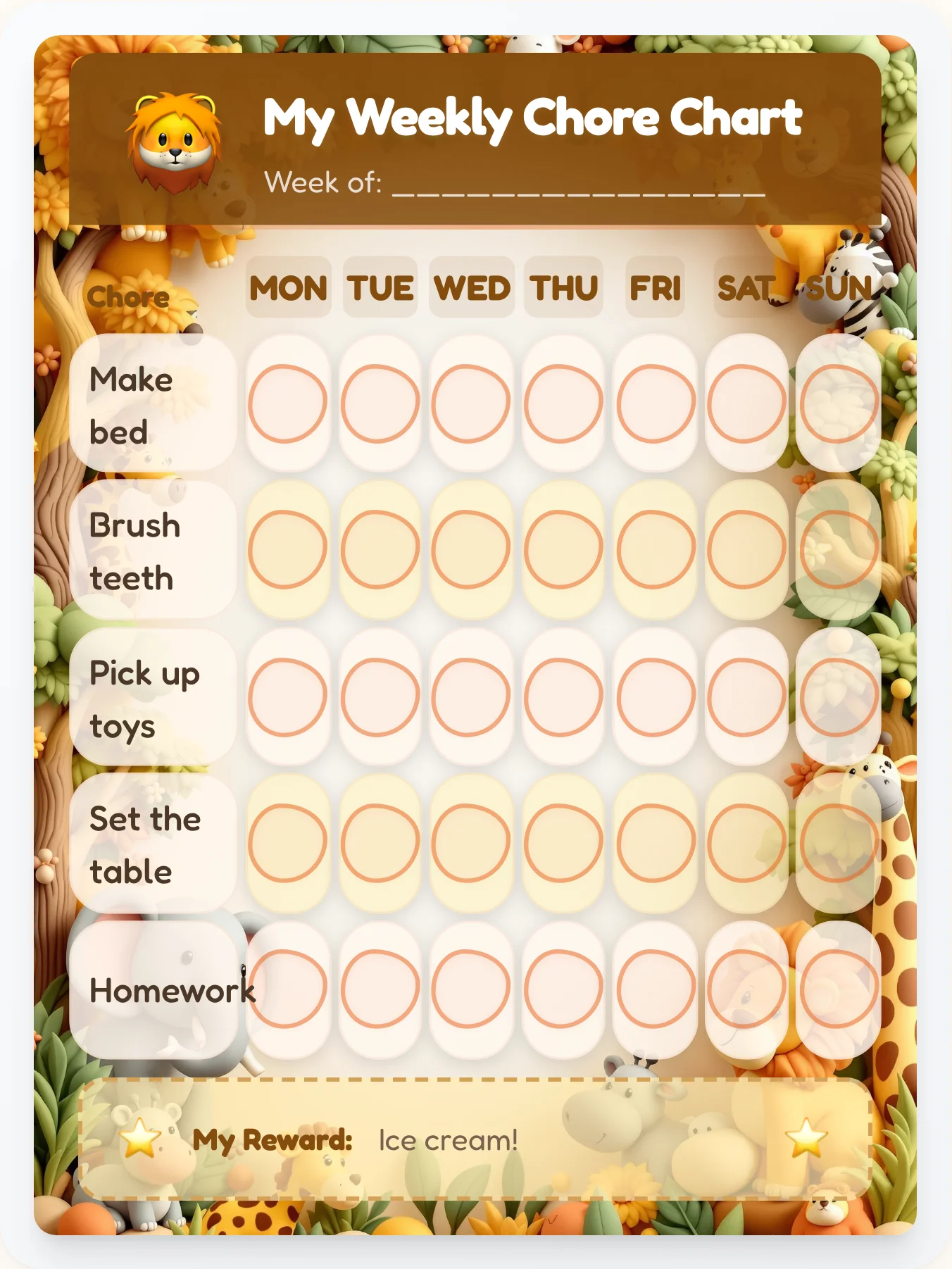 Safari Adventure 3D Clay Chore Chart - printable safari chore chart