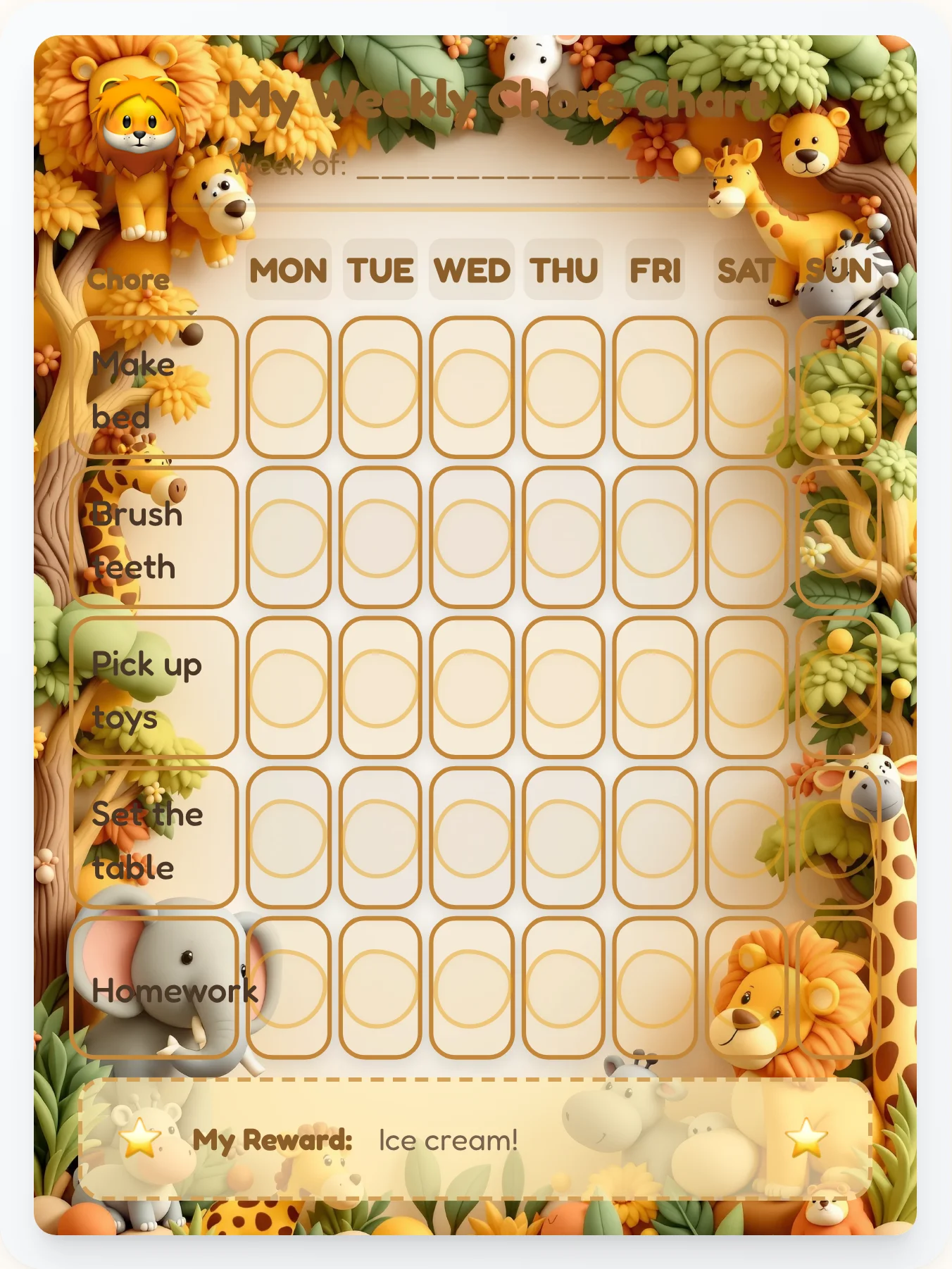 Golden Savanna Safari Chore Chart - printable safari chore chart