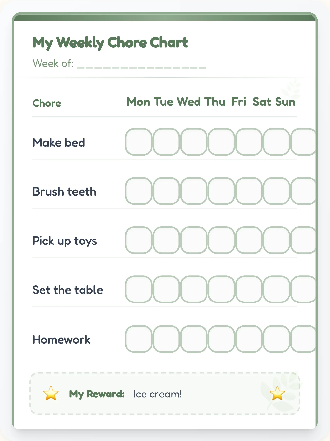 Sage Minimal Chore Chart - printable sage chore chart
