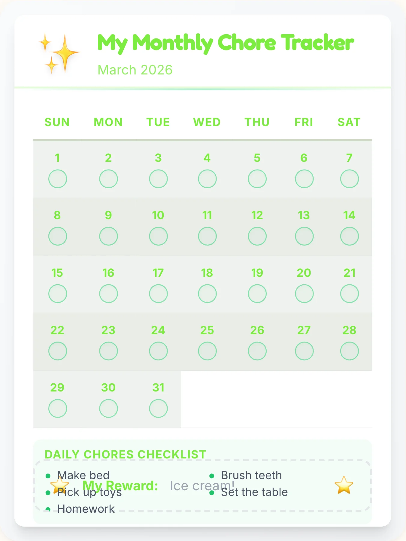 Radiant Simplistic Month View - printable simplistic chore chart