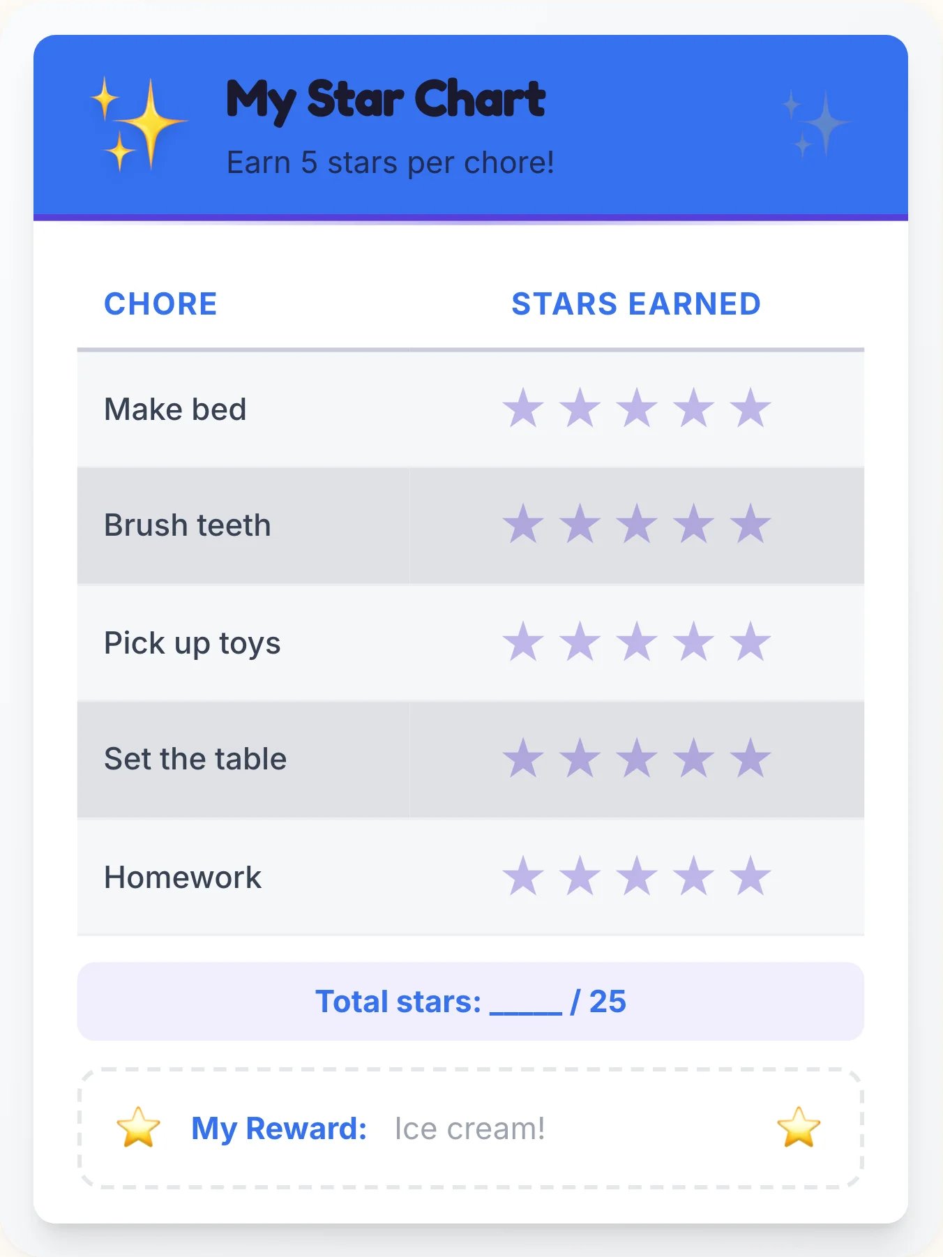 Luminous Simplistic Gold Stars - printable simplistic chore chart