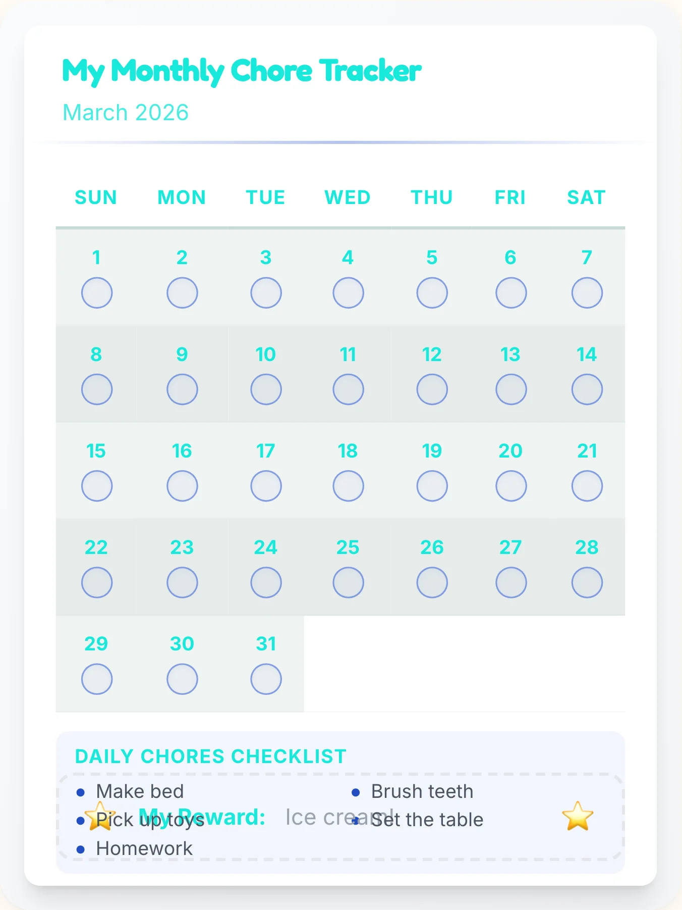 Gentle Simplistic Month View - printable simplistic chore chart