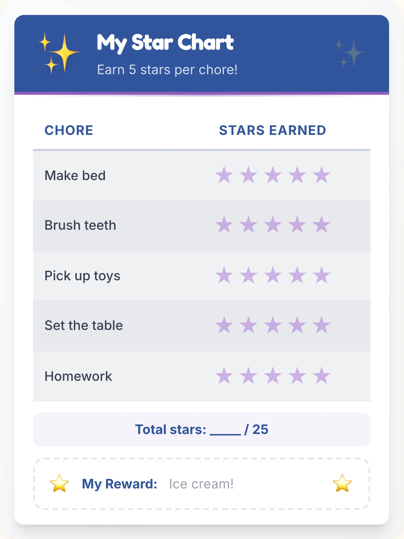 Luminous Simplistic Star Chart - printable simplistic chore chart