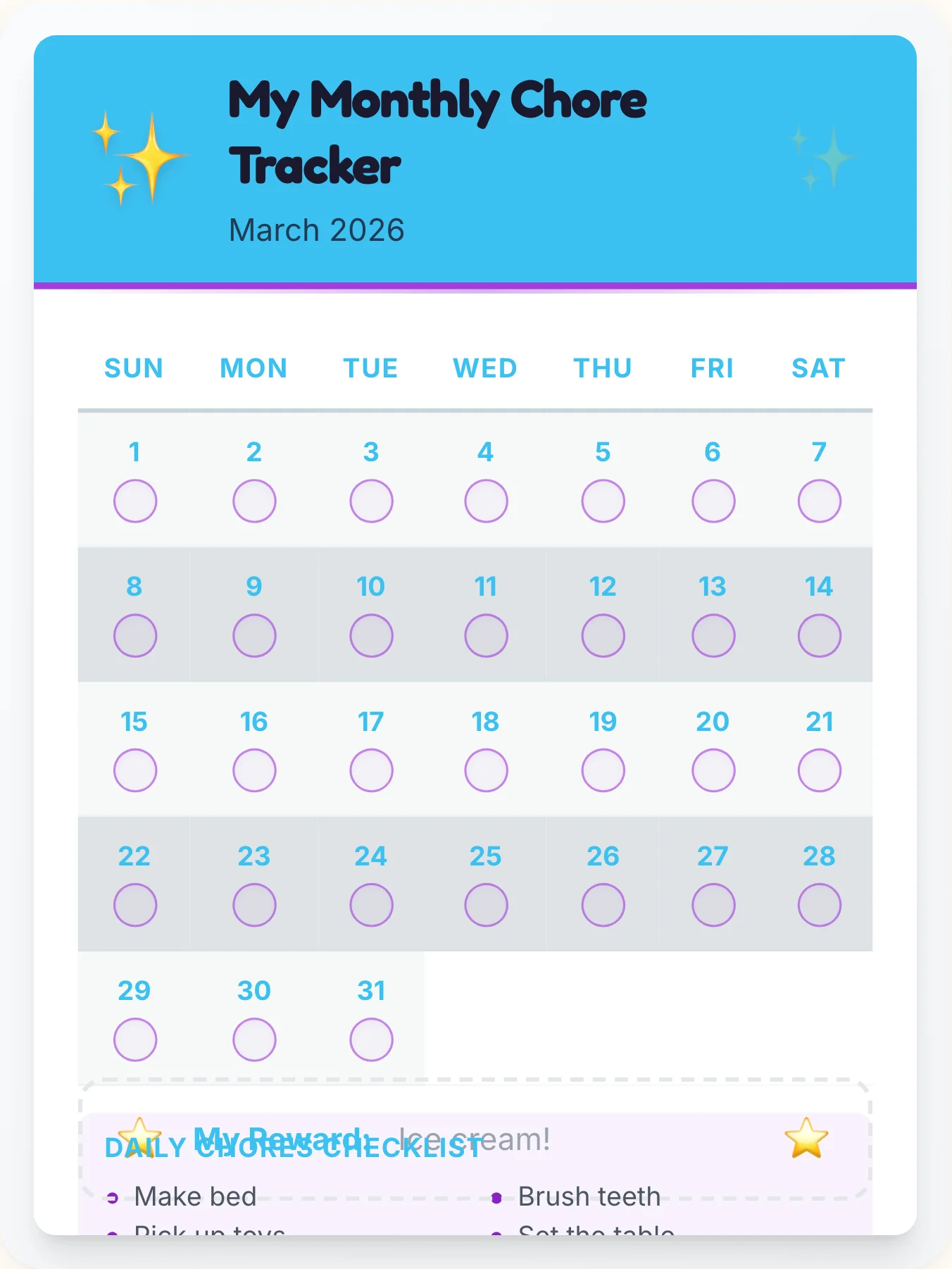 Inspiring Simplistic Calendar Chart - printable simplistic chore chart