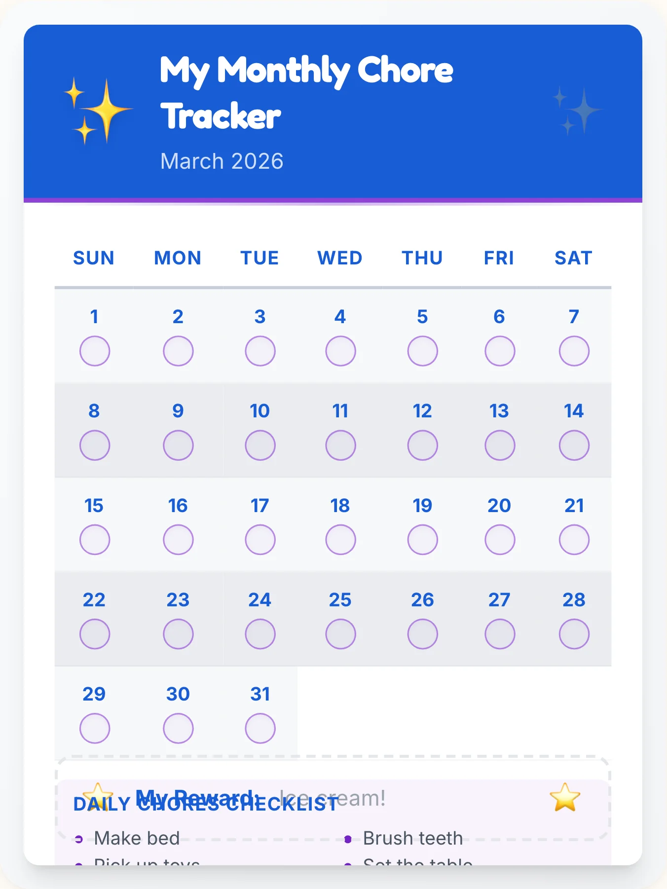 Luminous Simplistic Calendar Chart - printable simplistic chore chart