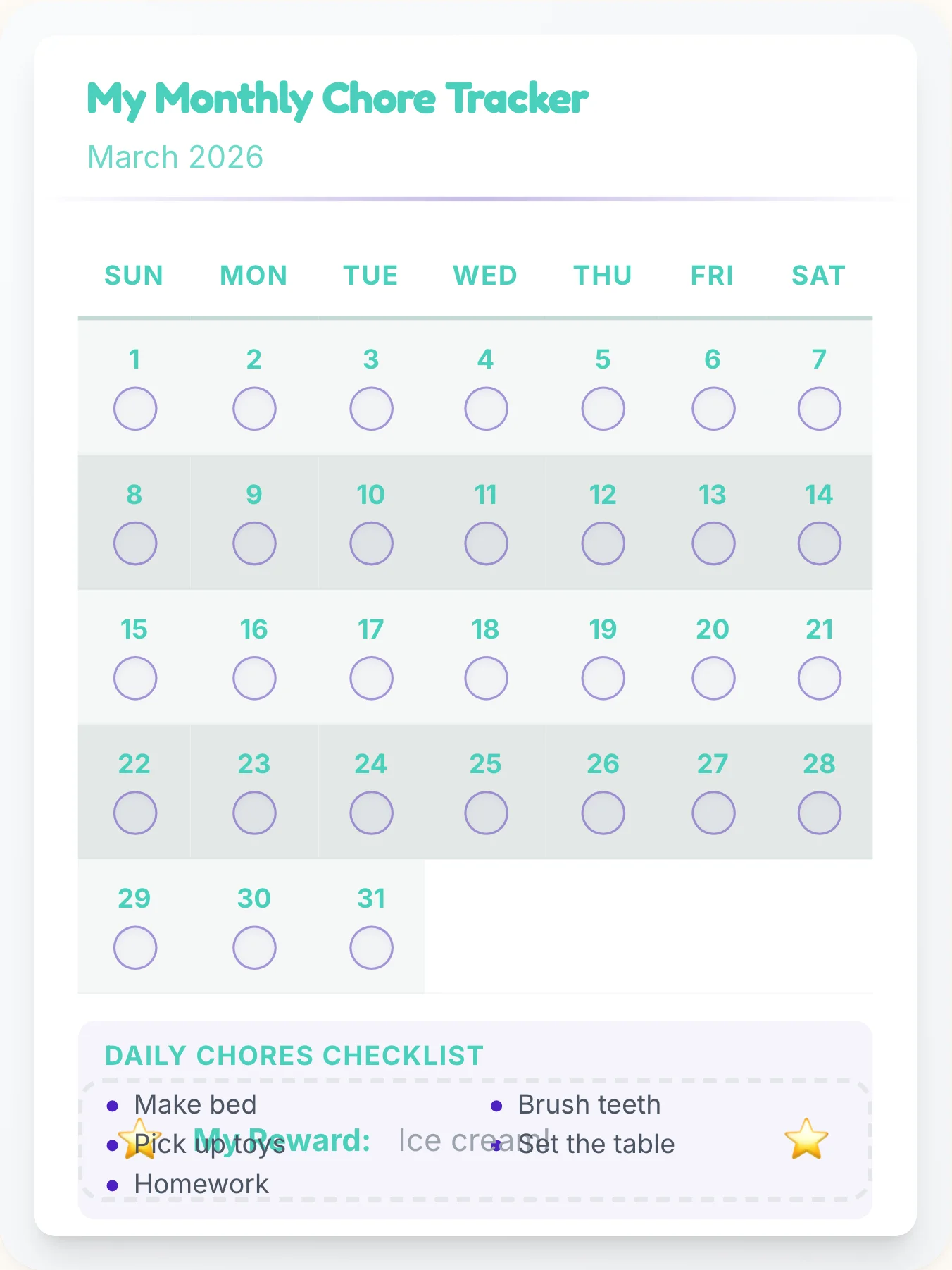 Funky Simplistic Calendar Chart - printable simplistic chore chart