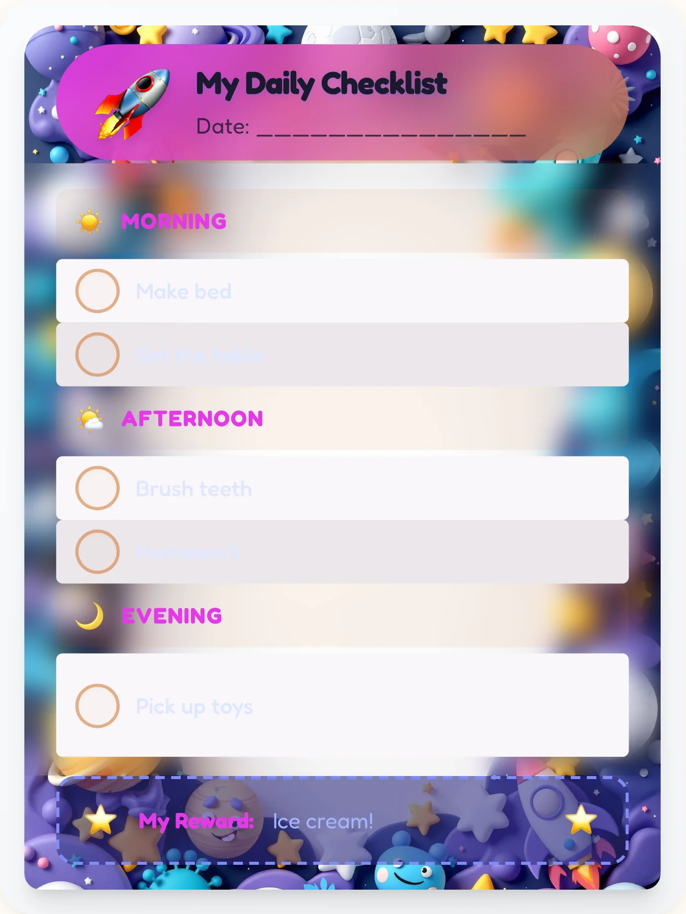 Whimsical Space Day Tracker - printable space chore chart