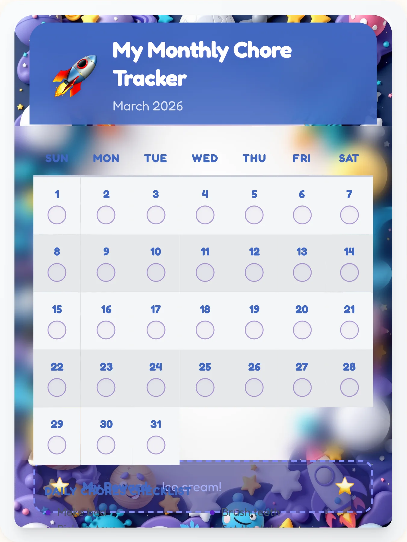 Luminous Space Monthly Planner - printable space chore chart