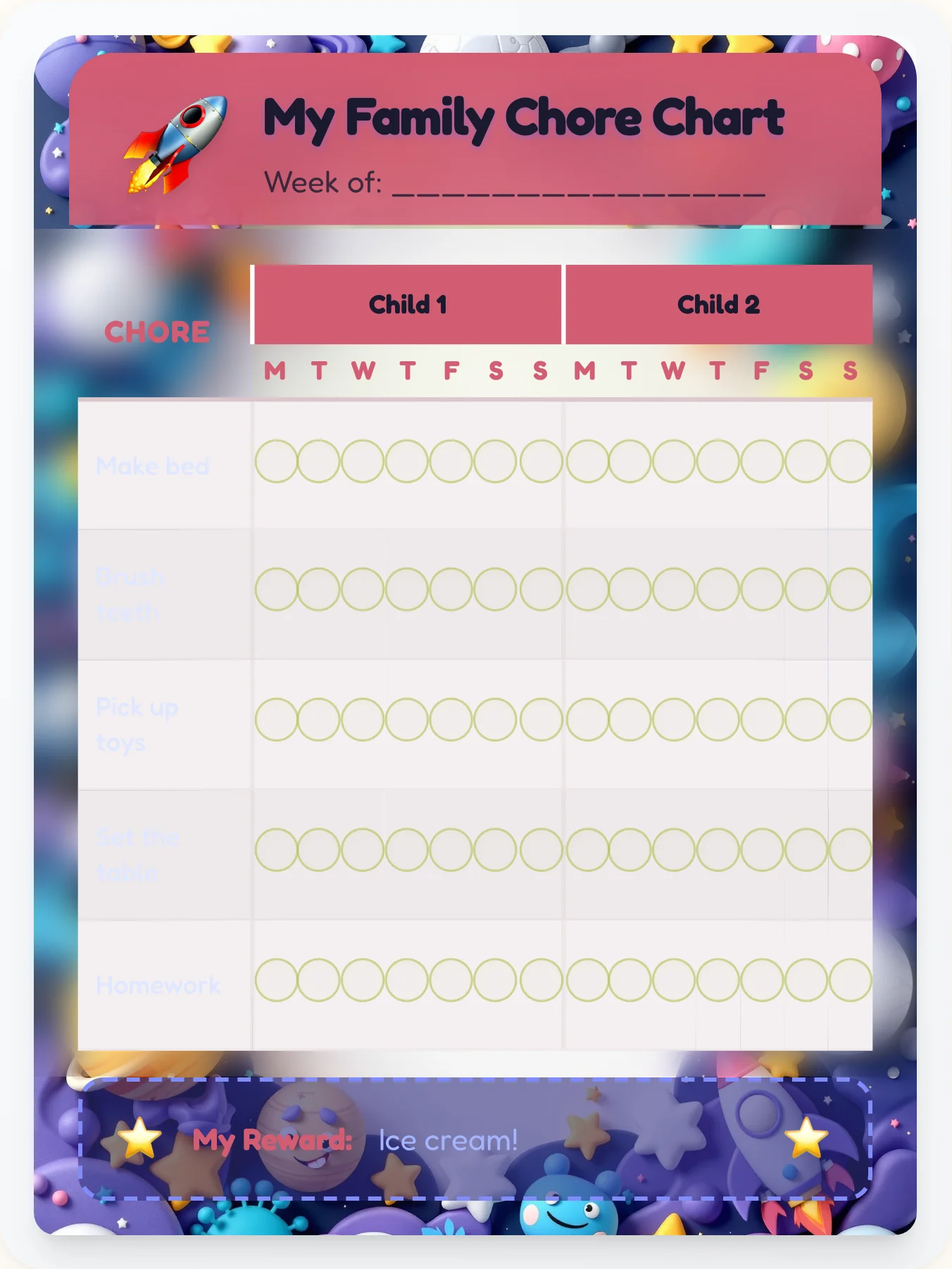 Frosty Space Sibling Board - printable space chore chart
