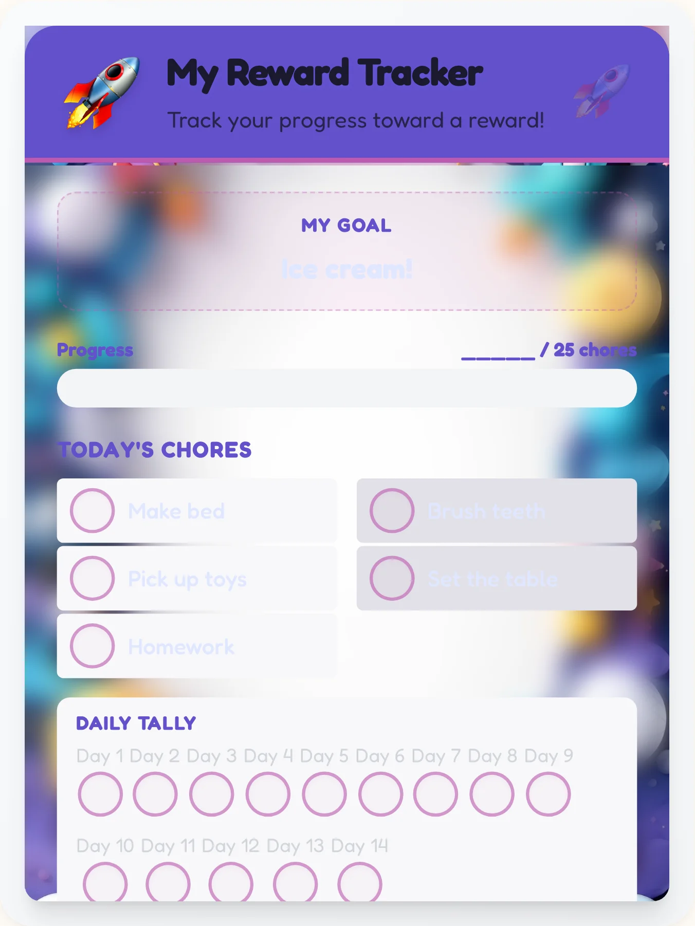 Peaceful Space Reward Board - printable space chore chart