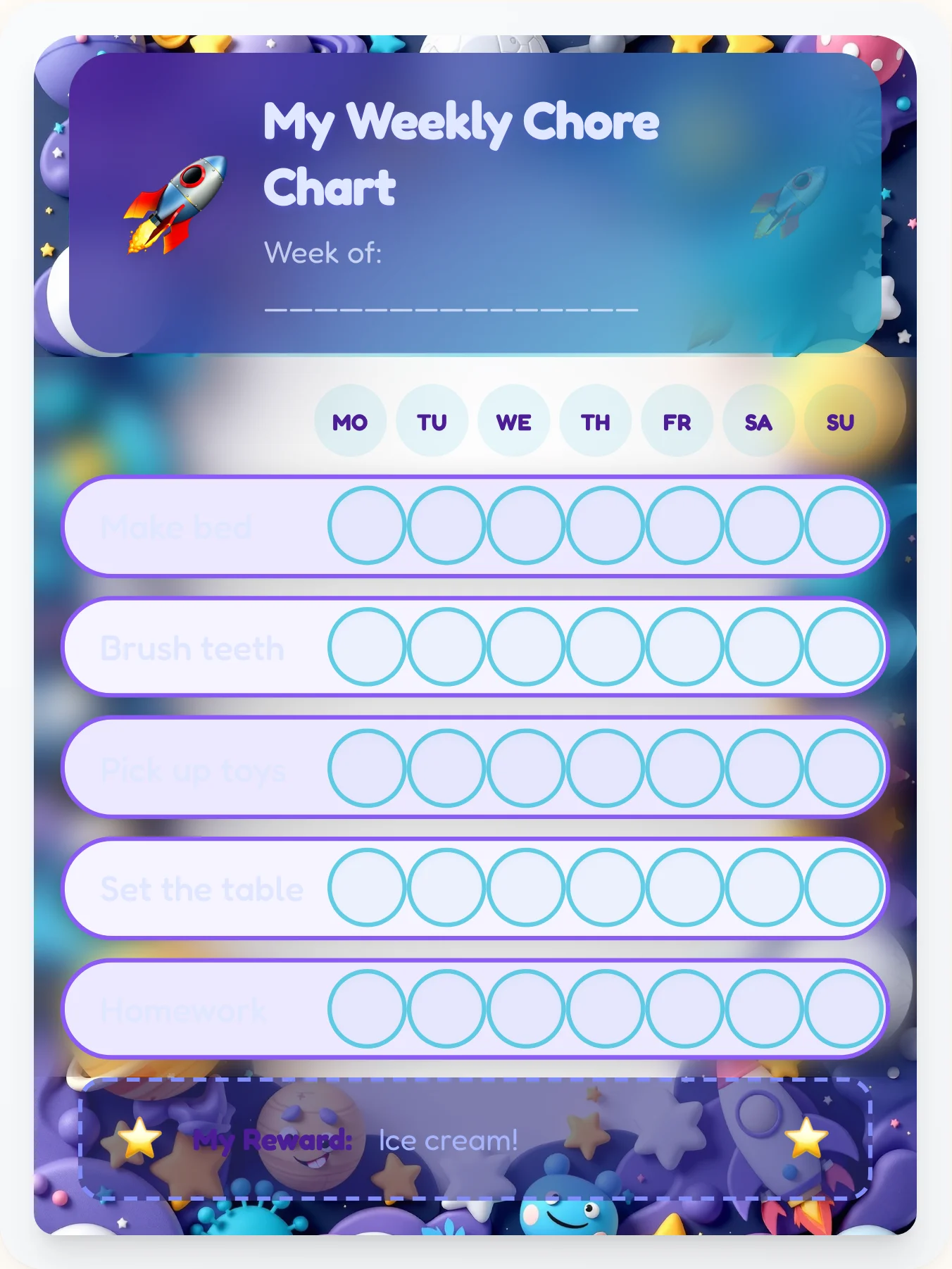 Space 3D Clay Chore Chart - printable space chore chart