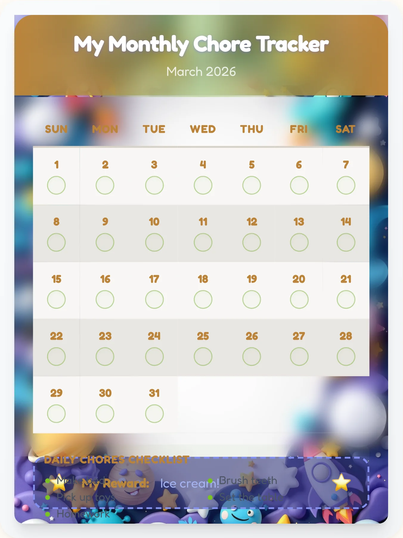 Golden Space Monthly Planner - printable space chore chart