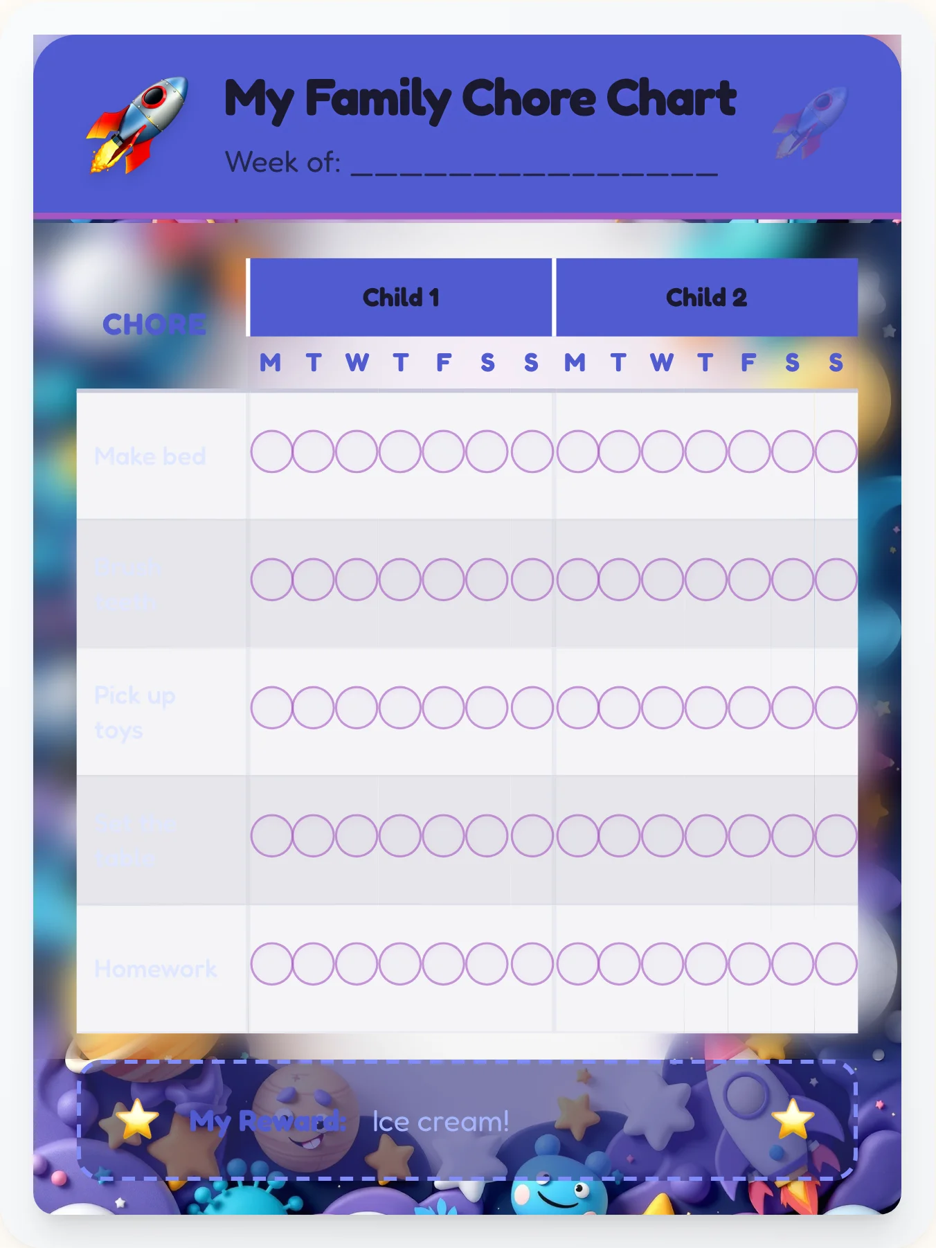 Natural Space Sibling Board - printable space chore chart