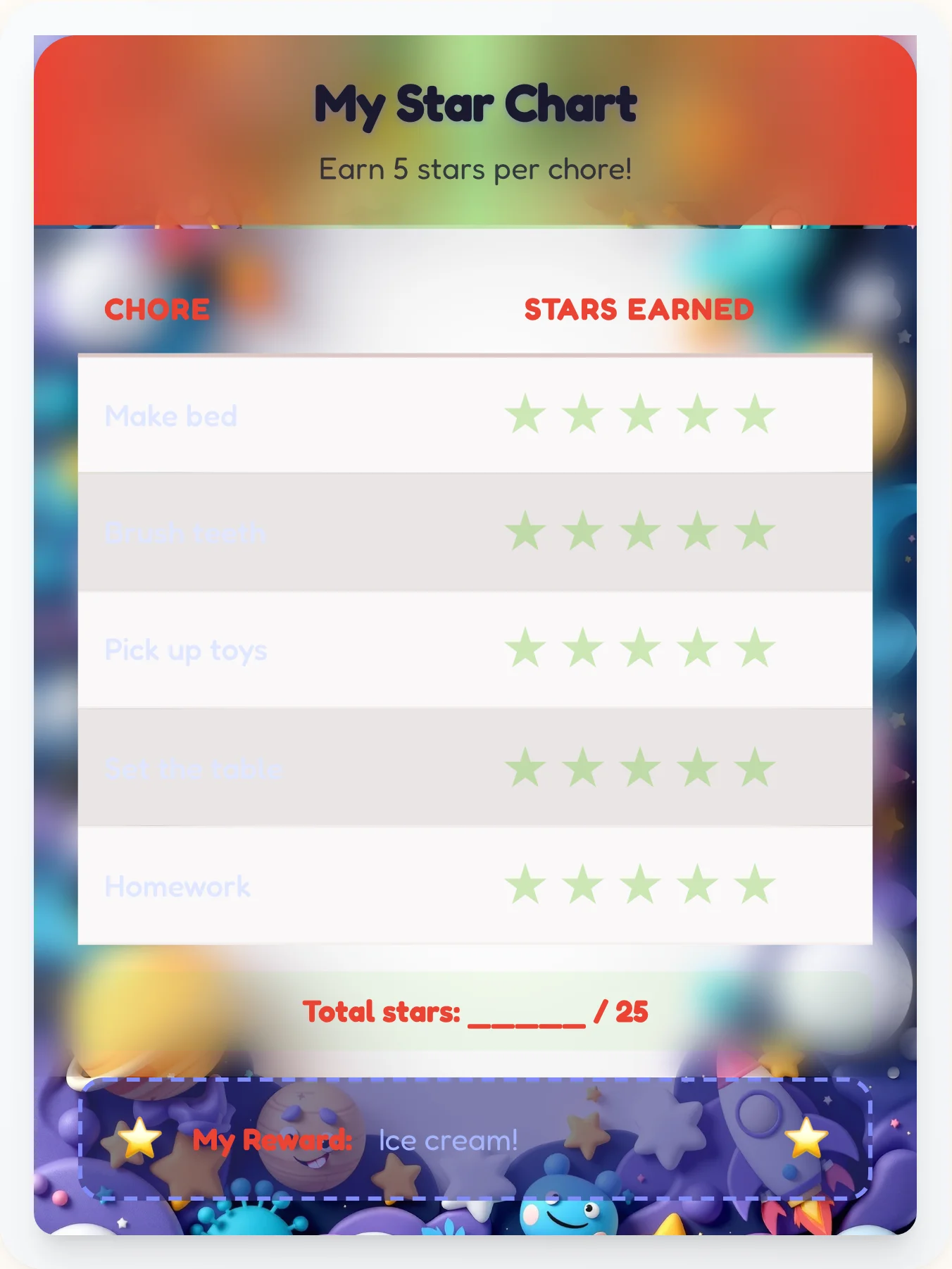 Bright Space Star Tracker - printable space chore chart