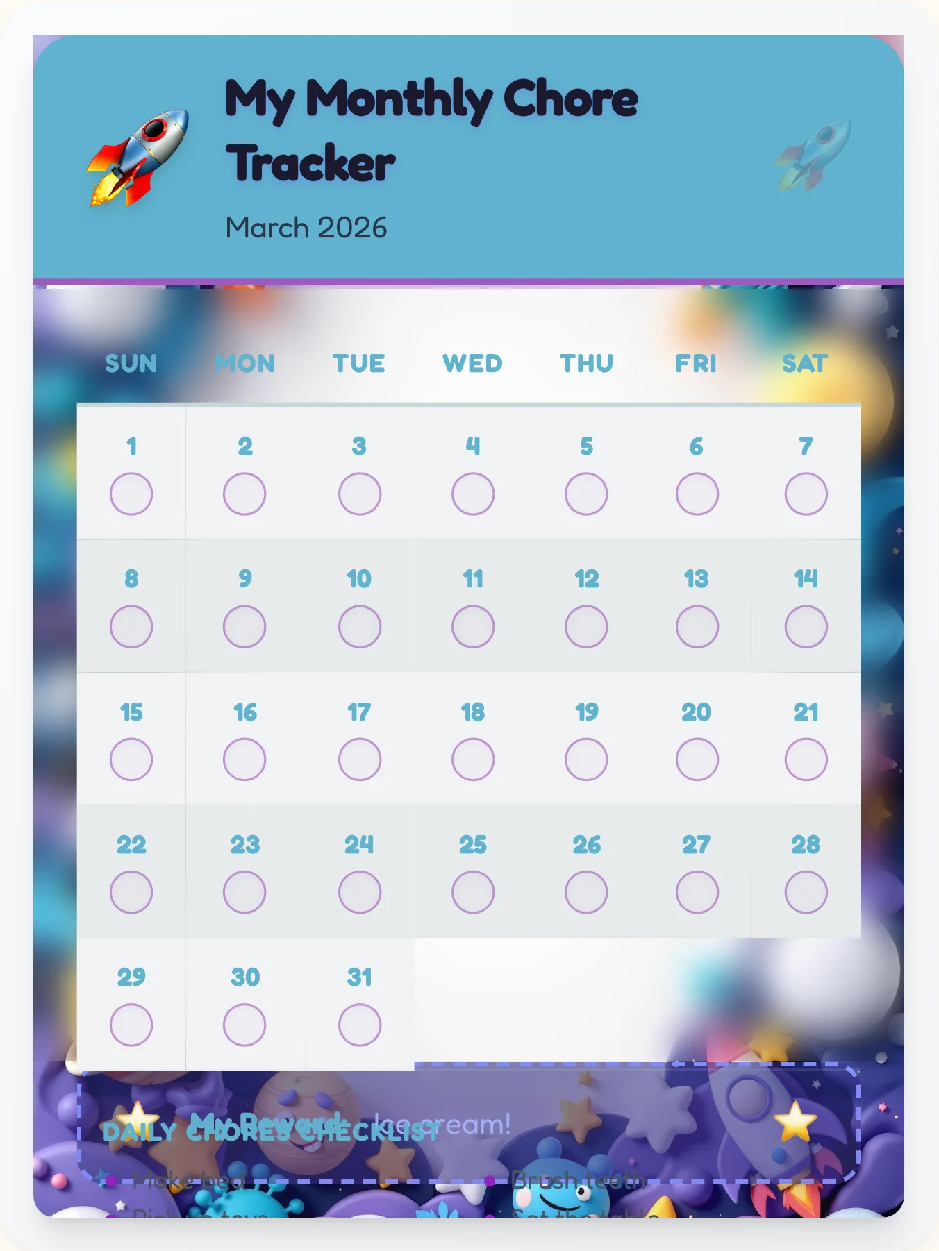 Inspiring Space Monthly Planner - printable space chore chart