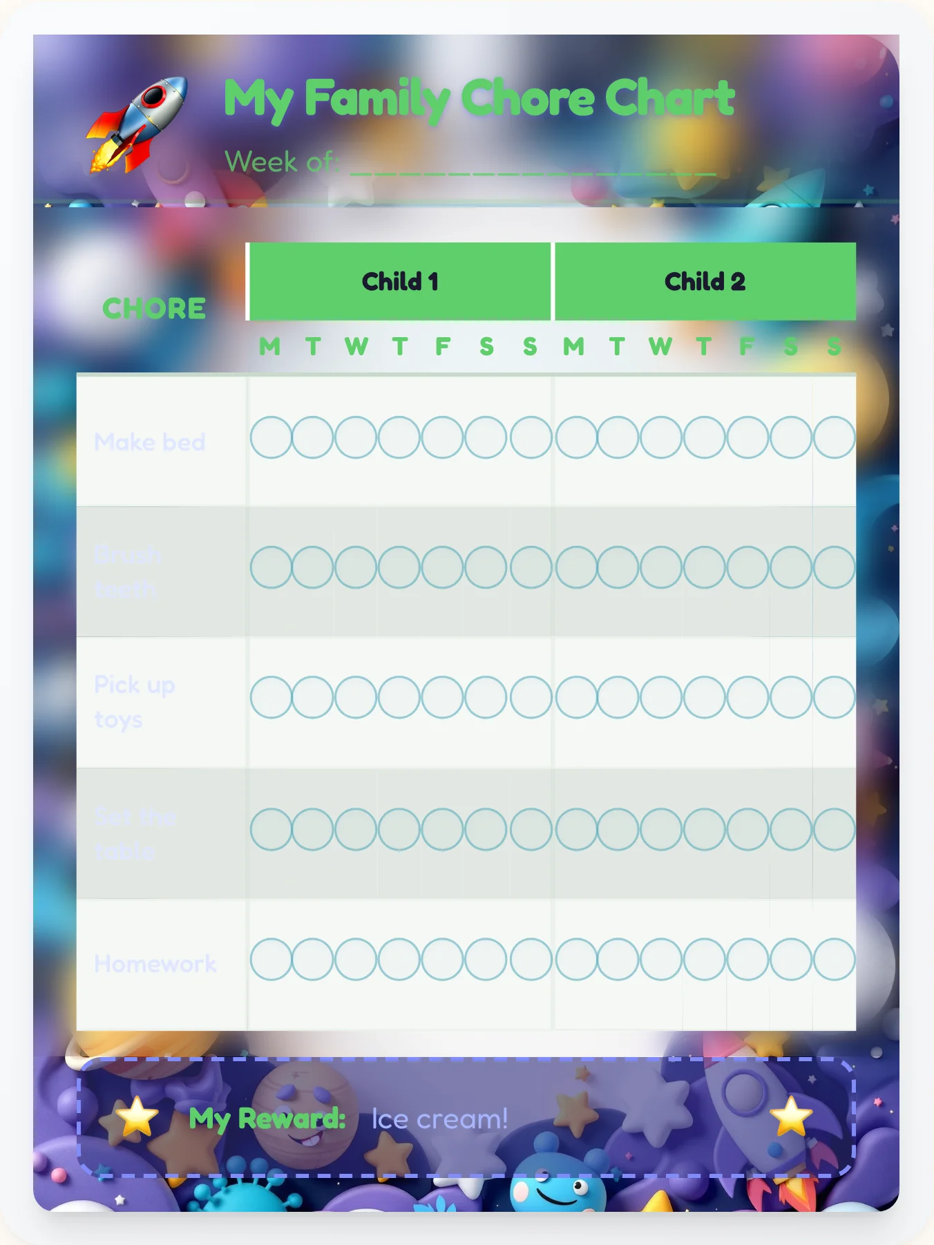 Vivid Space Family Chart - printable space chore chart