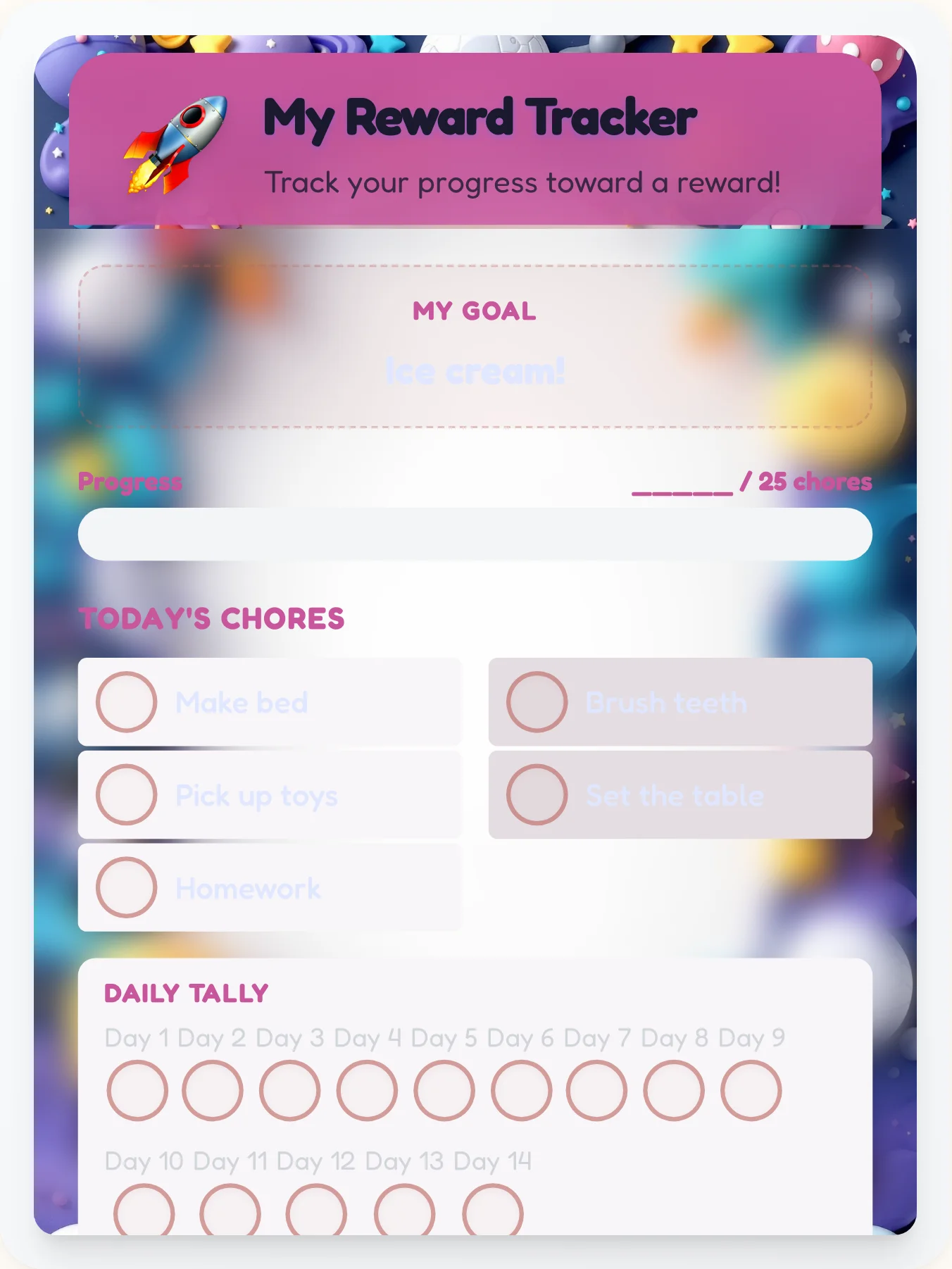 Calm Space Reward Board - printable space chore chart