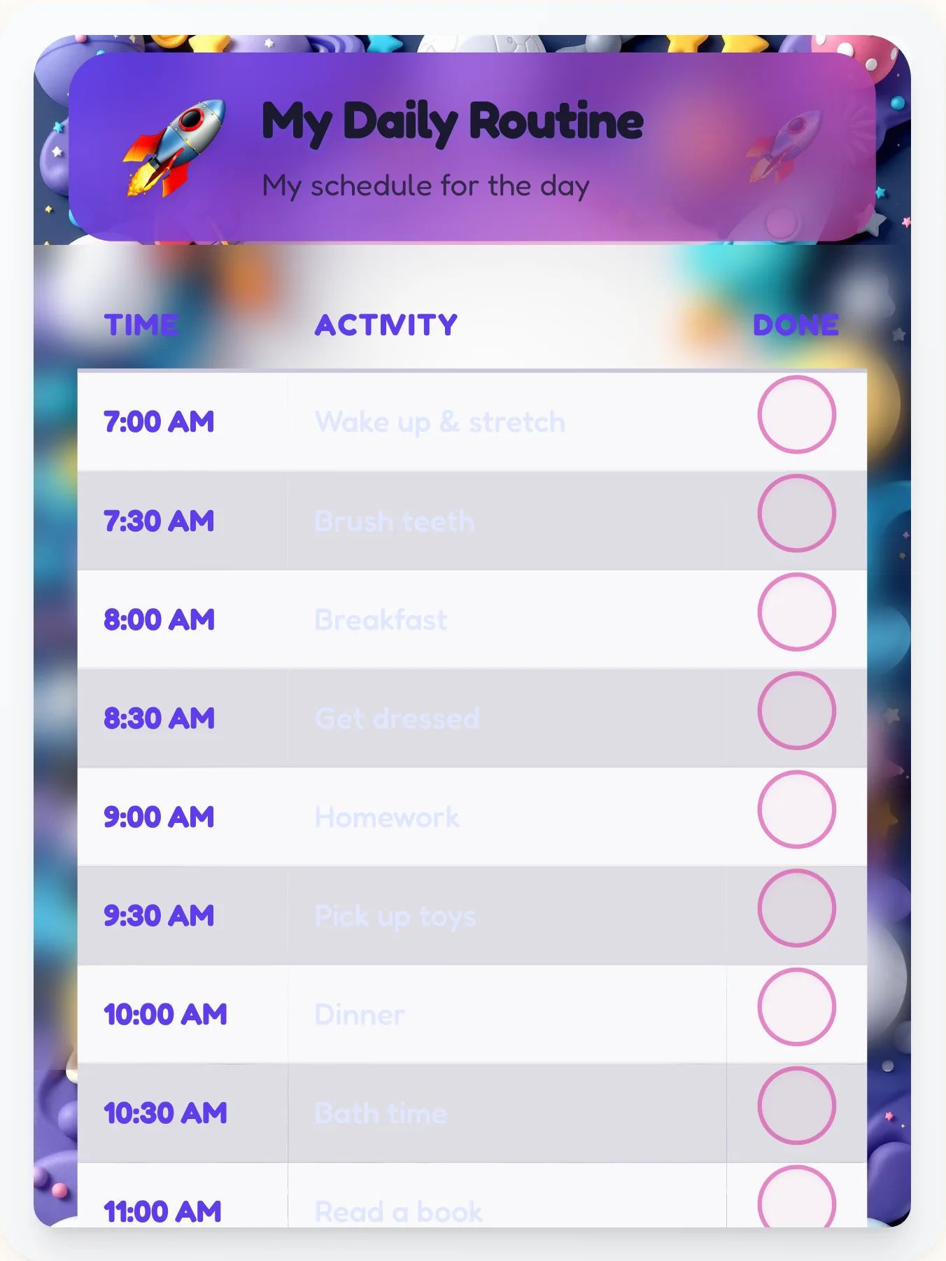 Peaceful Space Schedule Chart - printable space chore chart