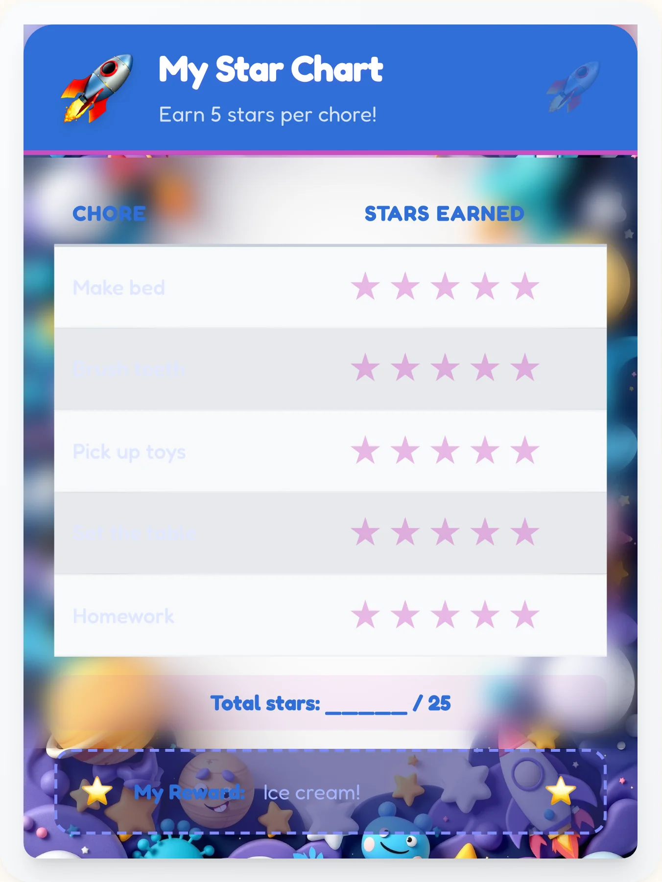Luminous Space Gold Stars - printable space chore chart