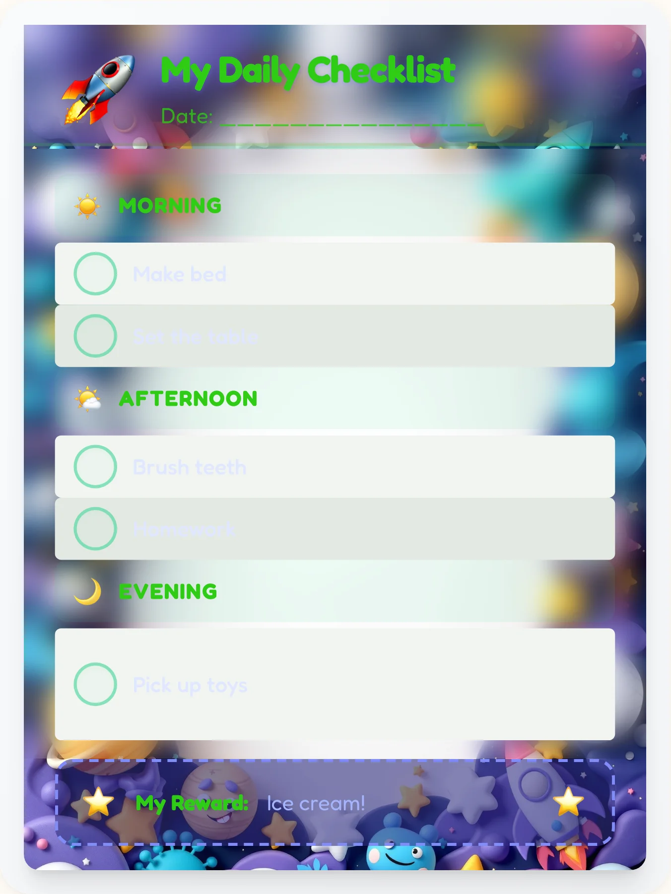 Tender Space Daily Log - printable space chore chart