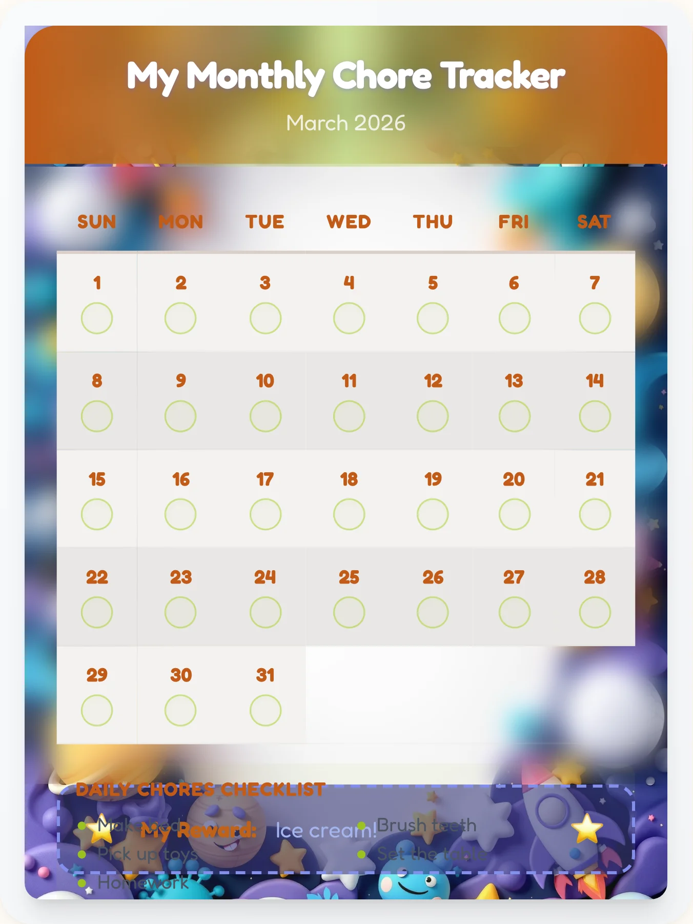 Fresh Space Calendar Chart - printable space chore chart
