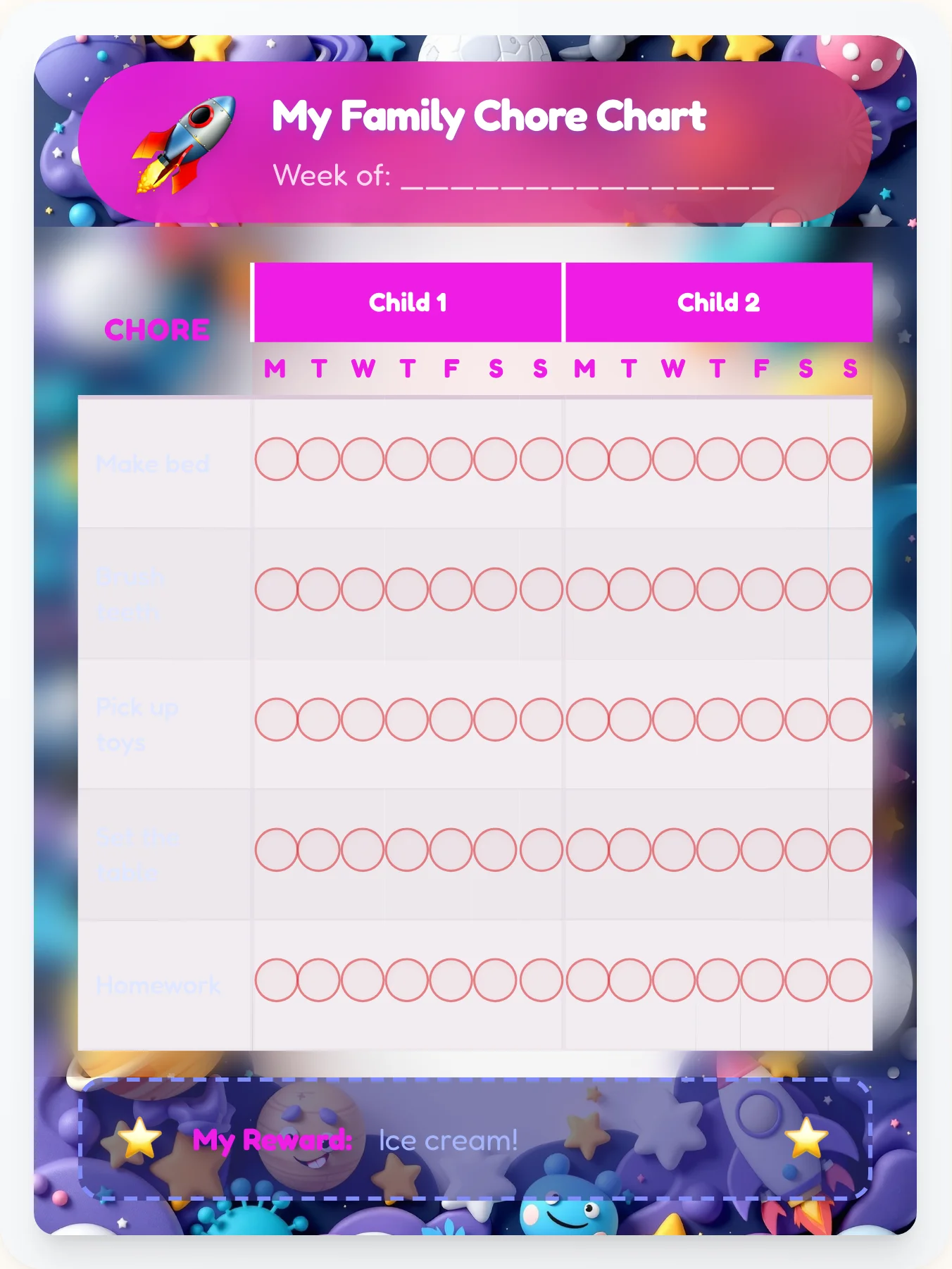 Whimsical Space Group Planner - printable space chore chart