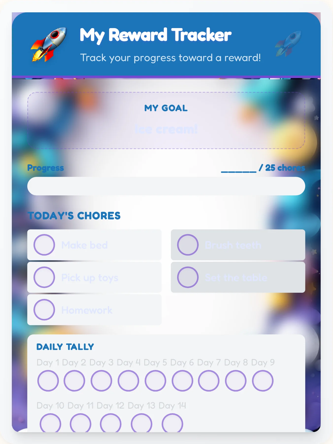 Joyful Space Achievement Board - printable space chore chart