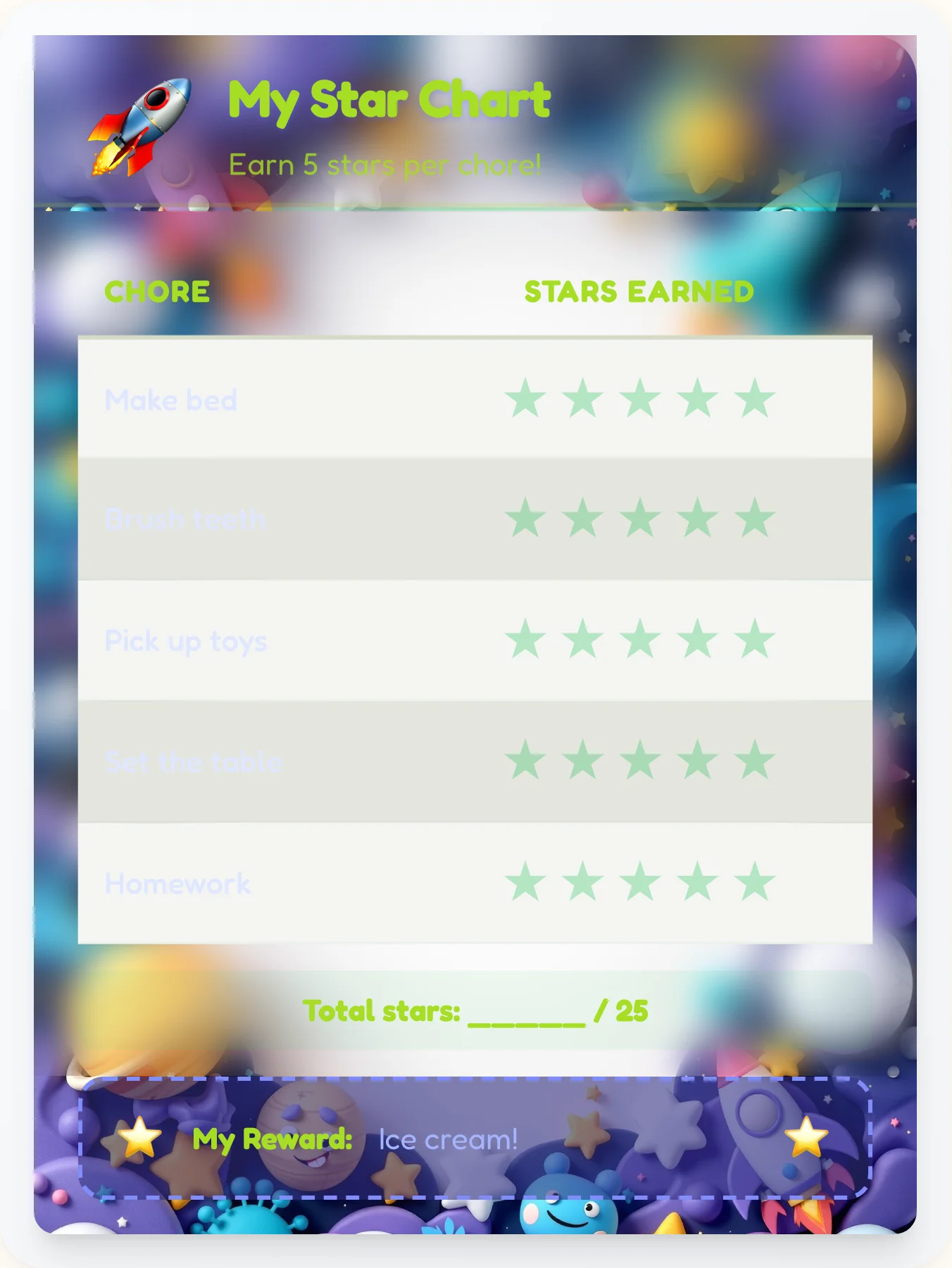 Noble Space Star Rewards - printable space chore chart