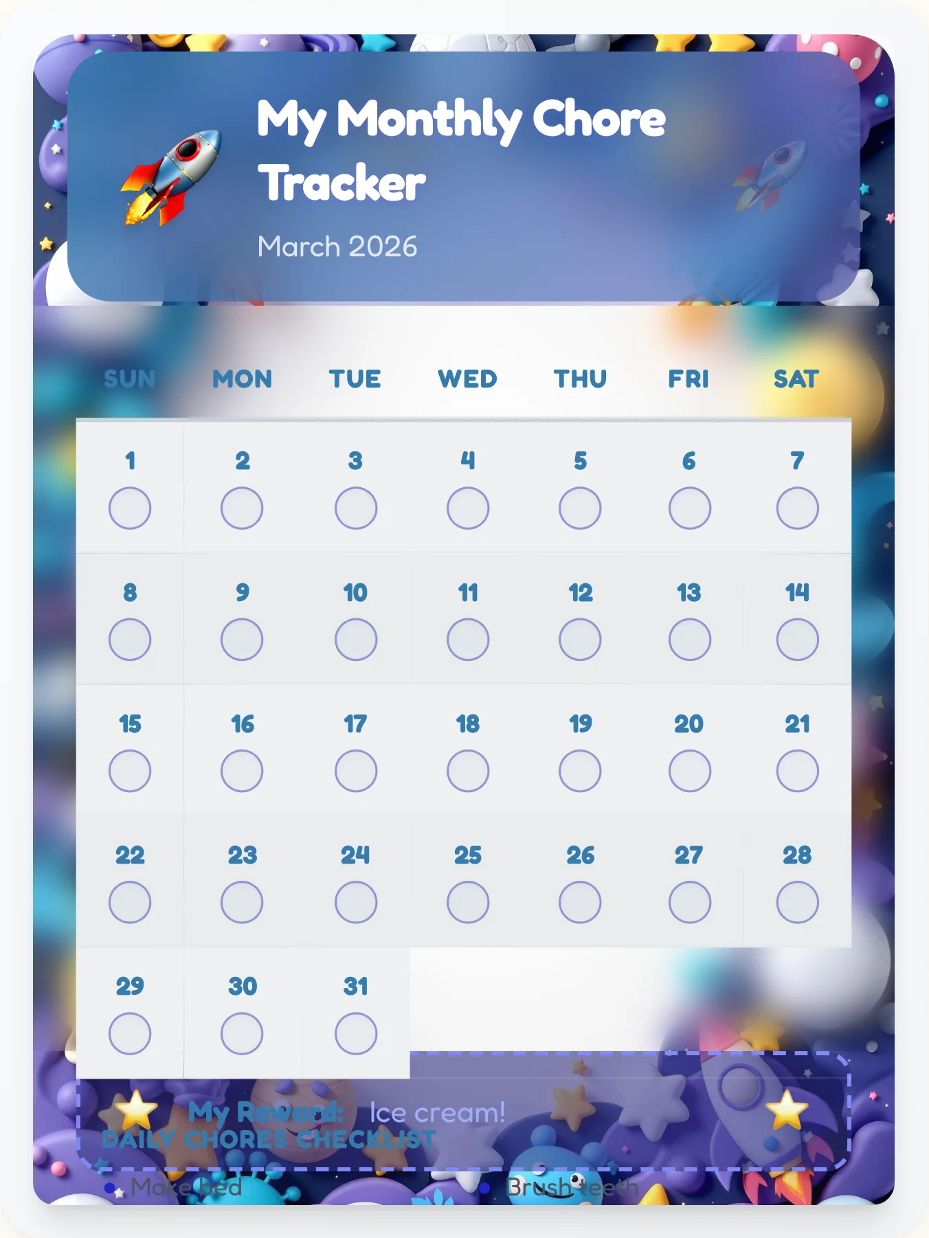 Joyful Space Monthly Planner - printable space chore chart