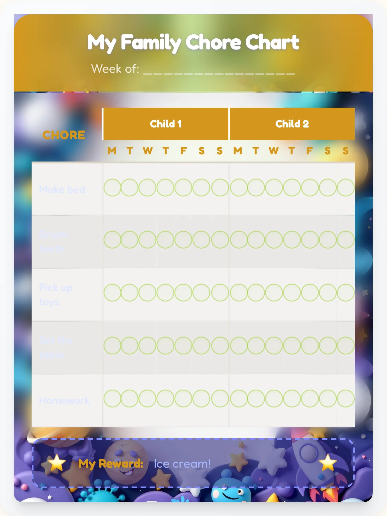 Happy Space Family Chart - printable space chore chart