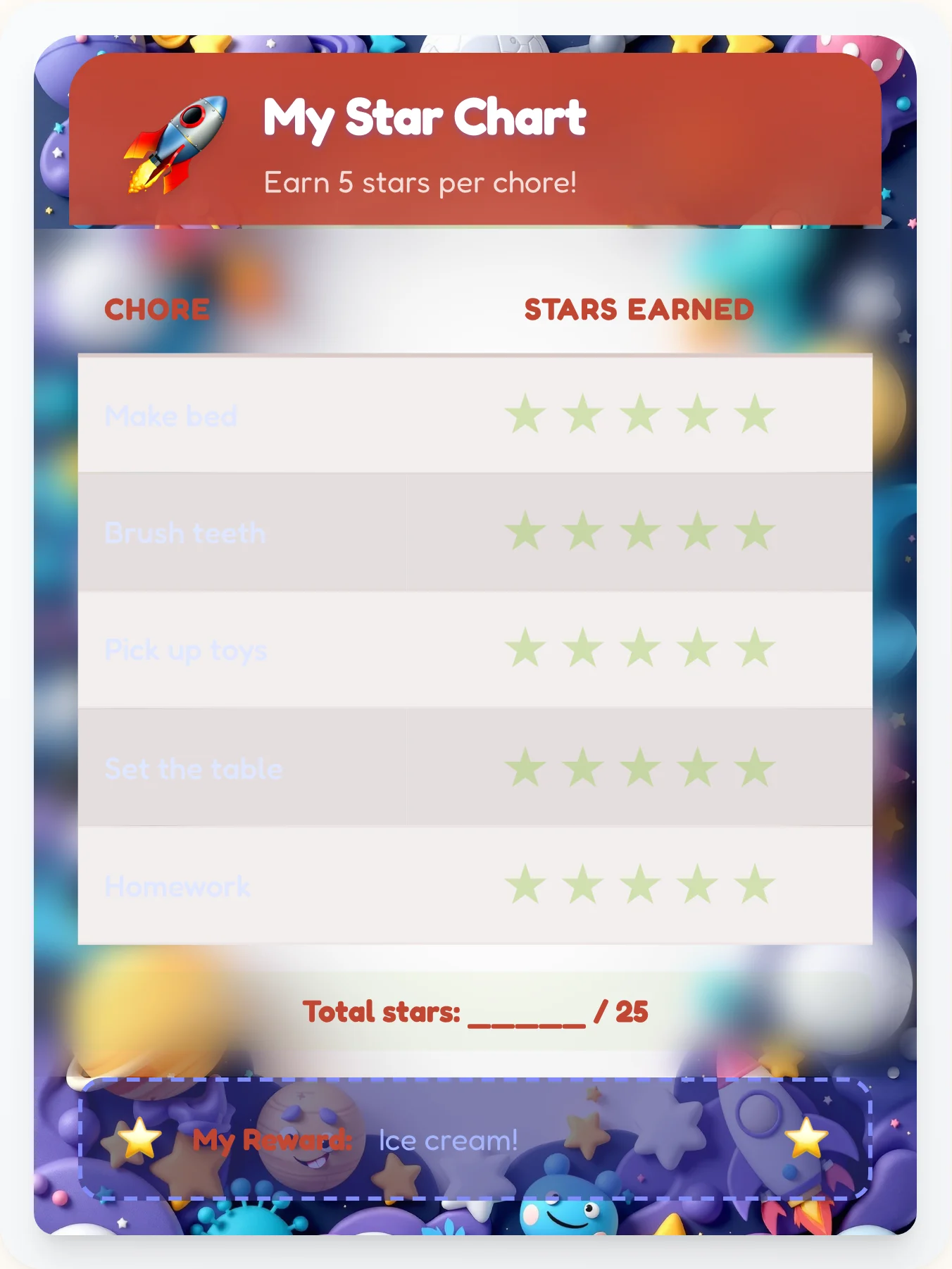Cozy Space Star Tracker - printable space chore chart