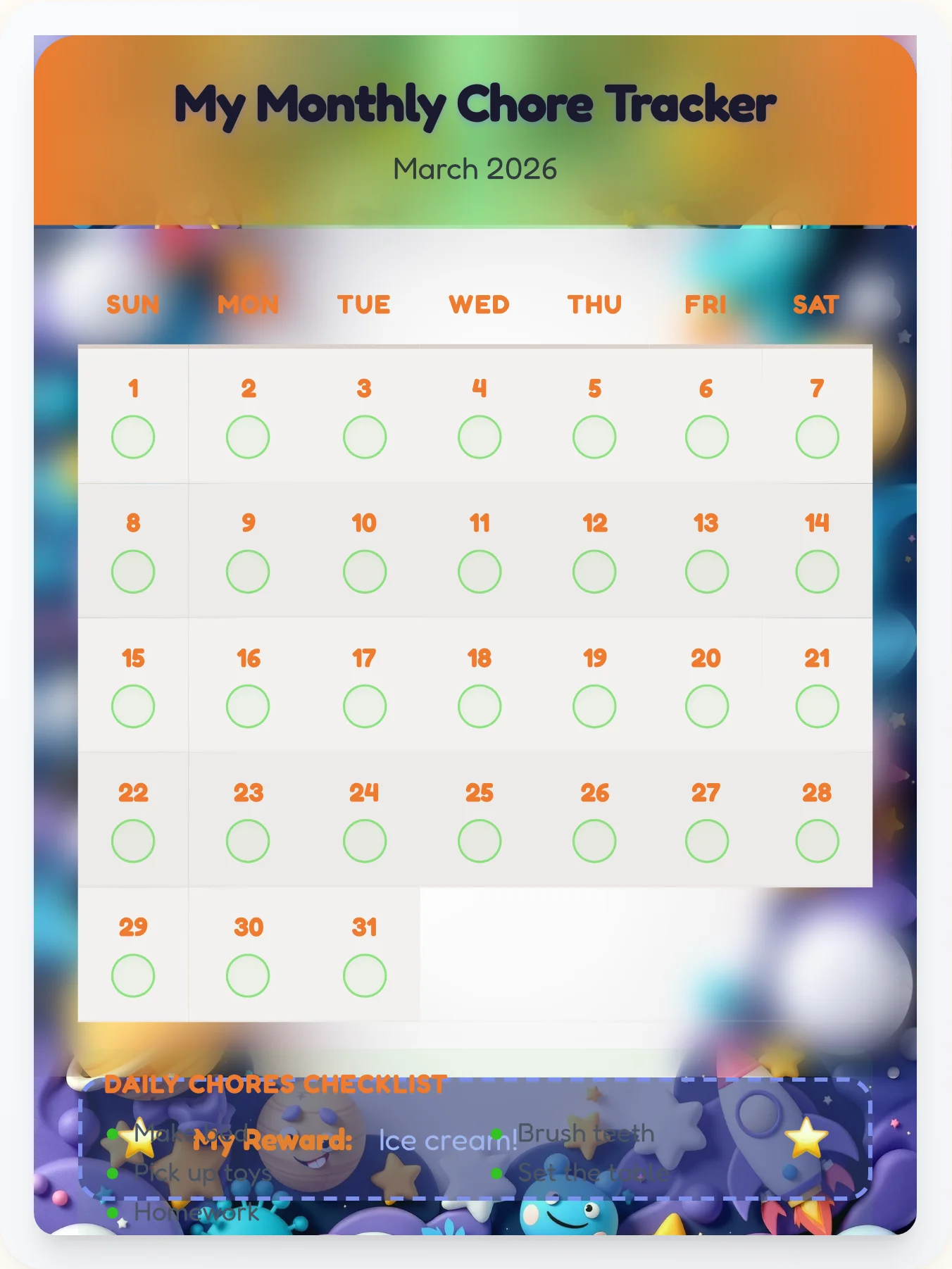 Fresh Space Monthly Grid - printable space chore chart