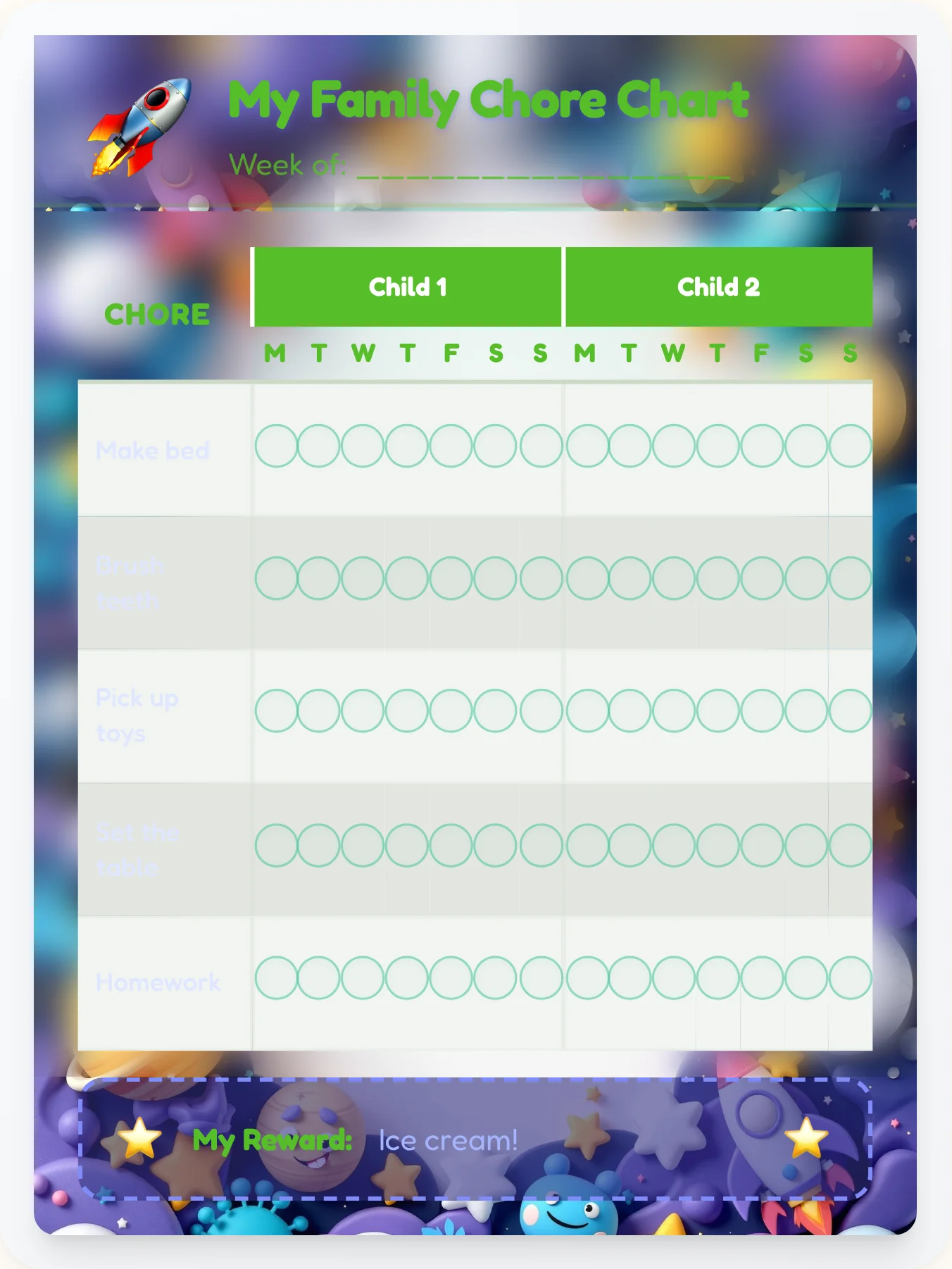 Radiant Space Multi-Kid Tracker - printable space chore chart