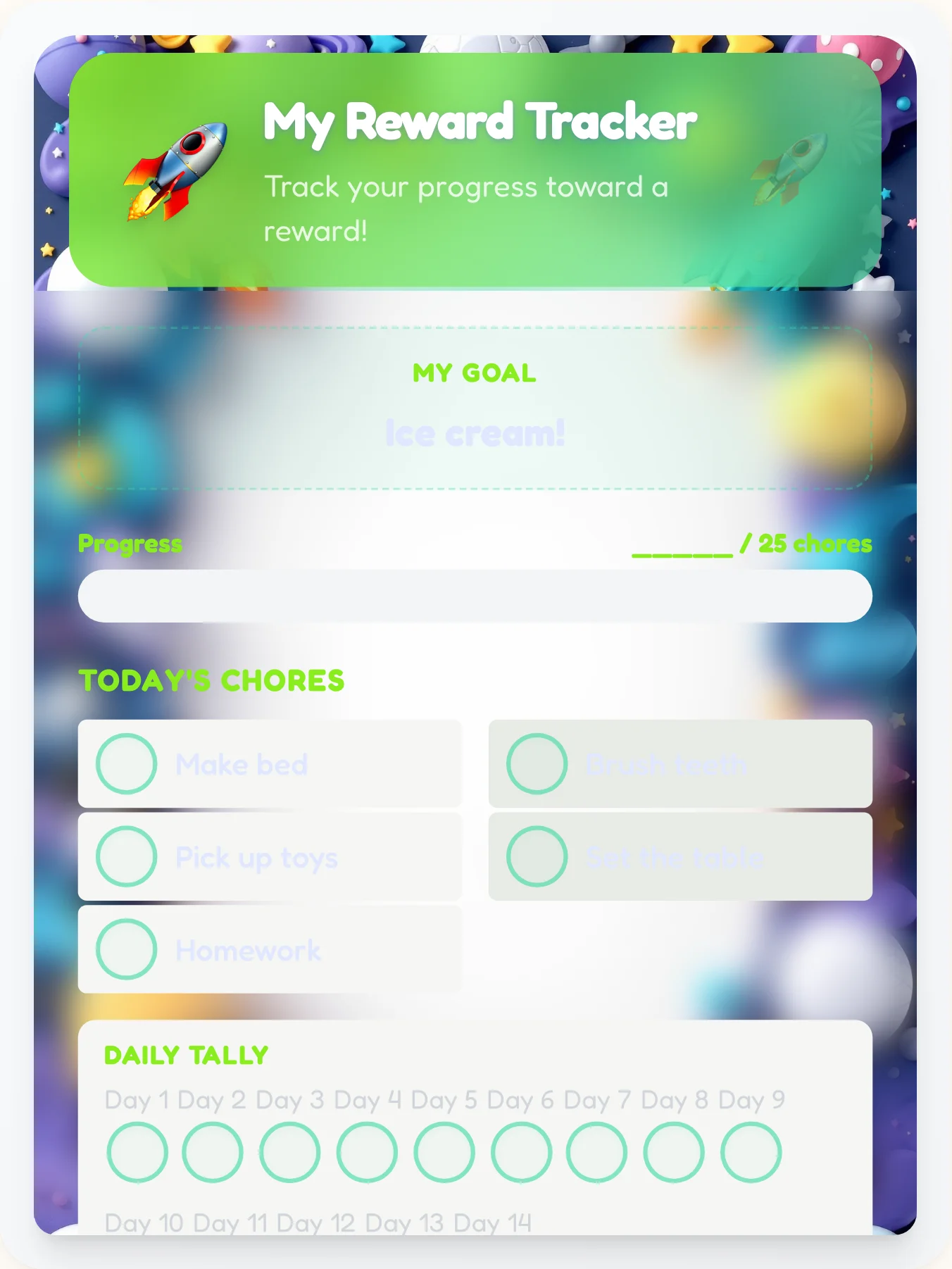 Quiet Space Points Tracker - printable space chore chart